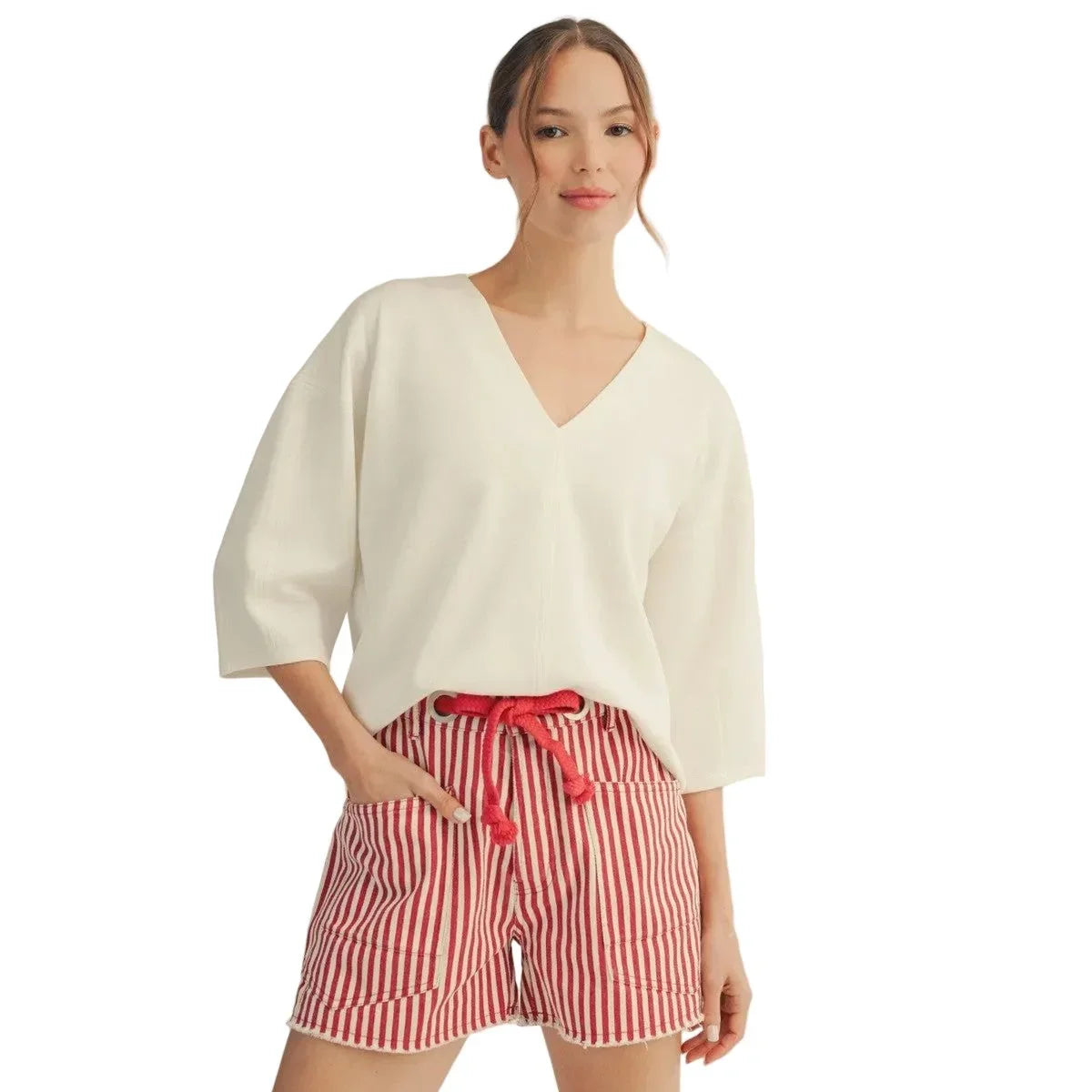 Women's Off White Soft Textured V Neck Solid Top G15341