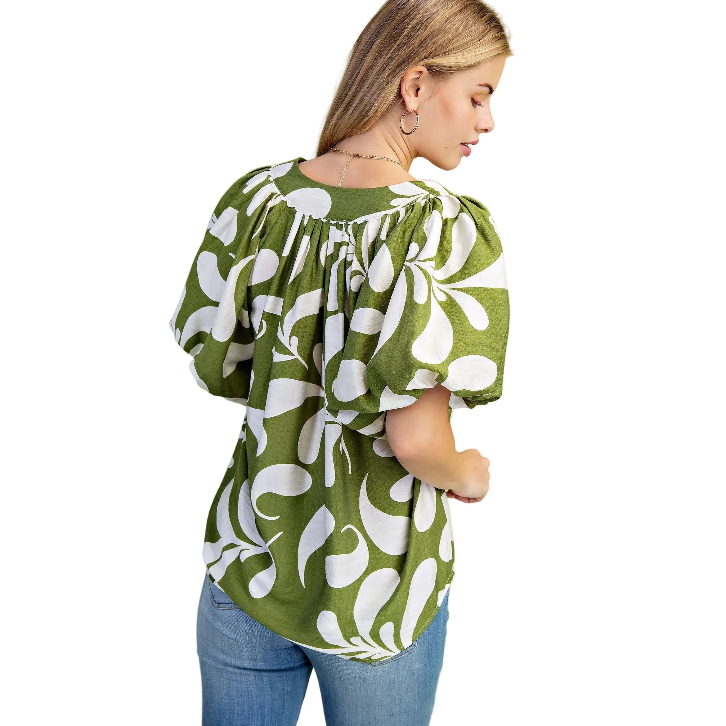 Women's Olive Printed Slit Neck Top TE1600