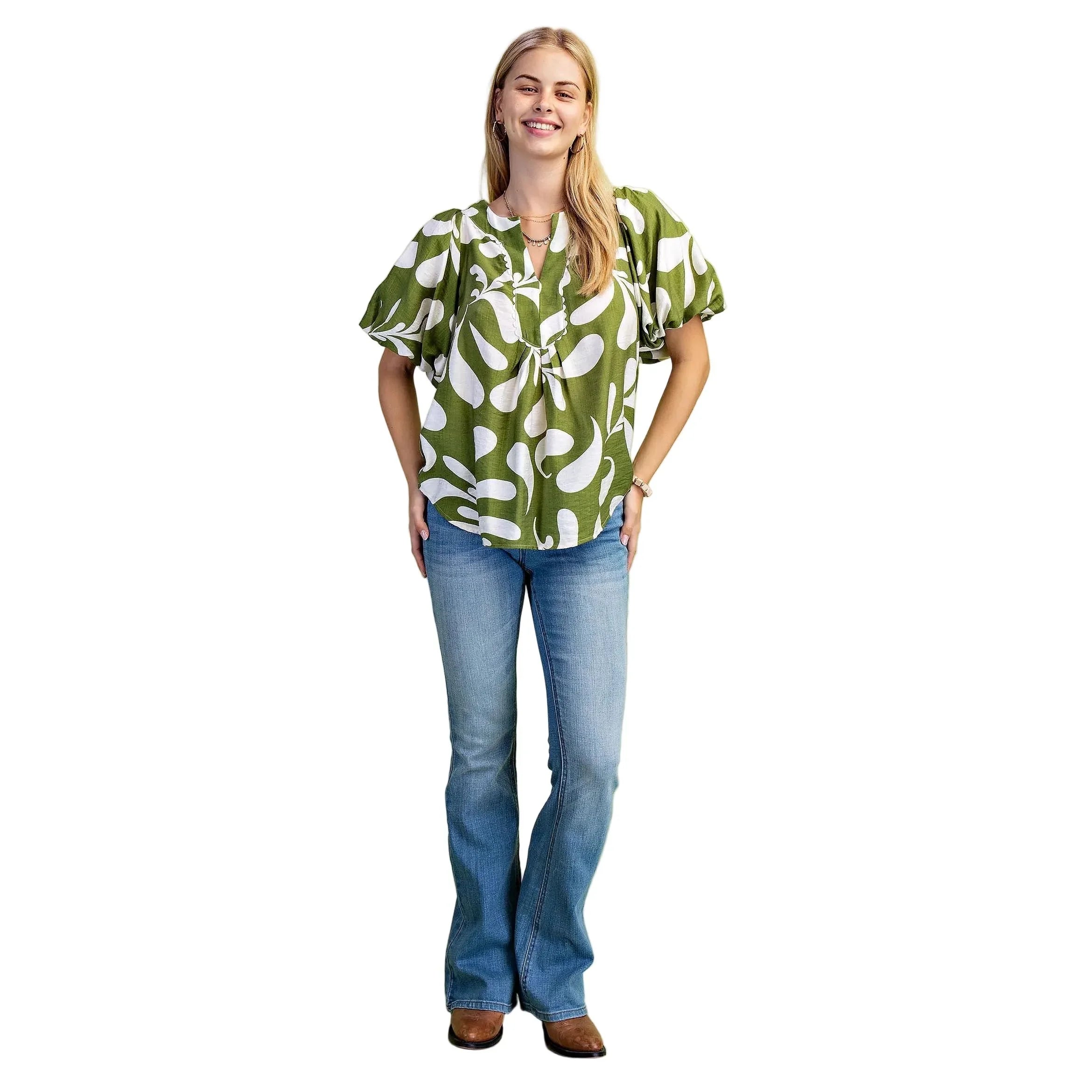 Women's Olive Printed Slit Neck Top TE1600