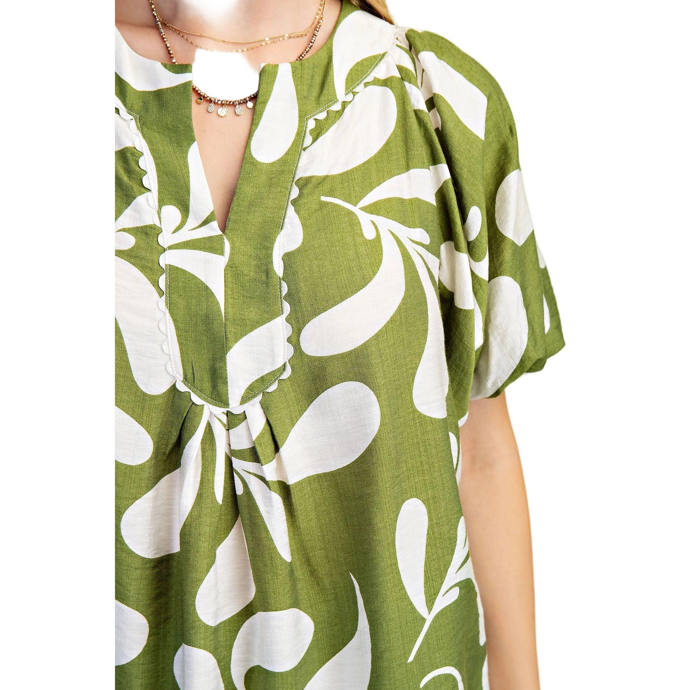 Women's Olive Printed Slit Neck Top TE1600