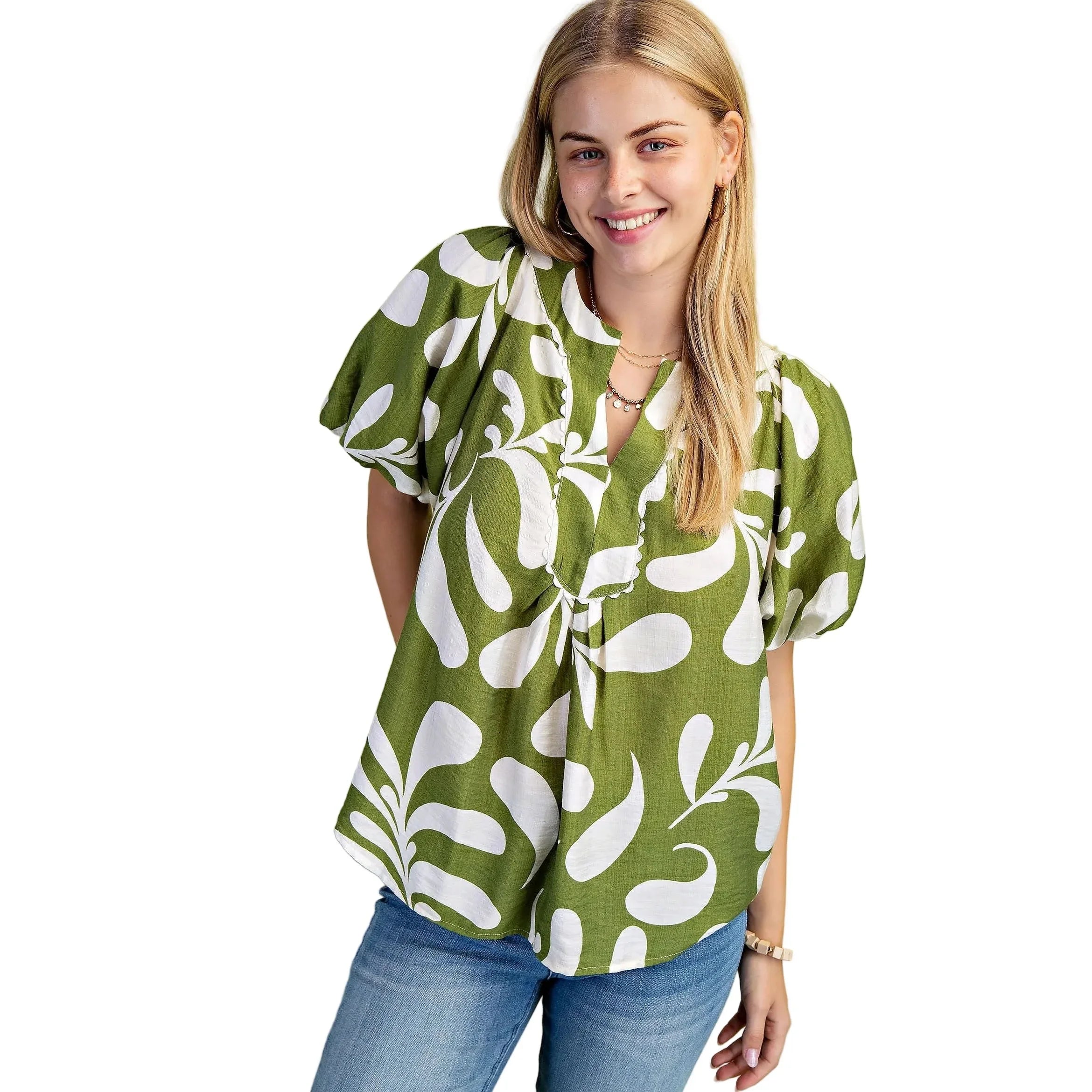 Women's Olive Printed Slit Neck Top TE1600