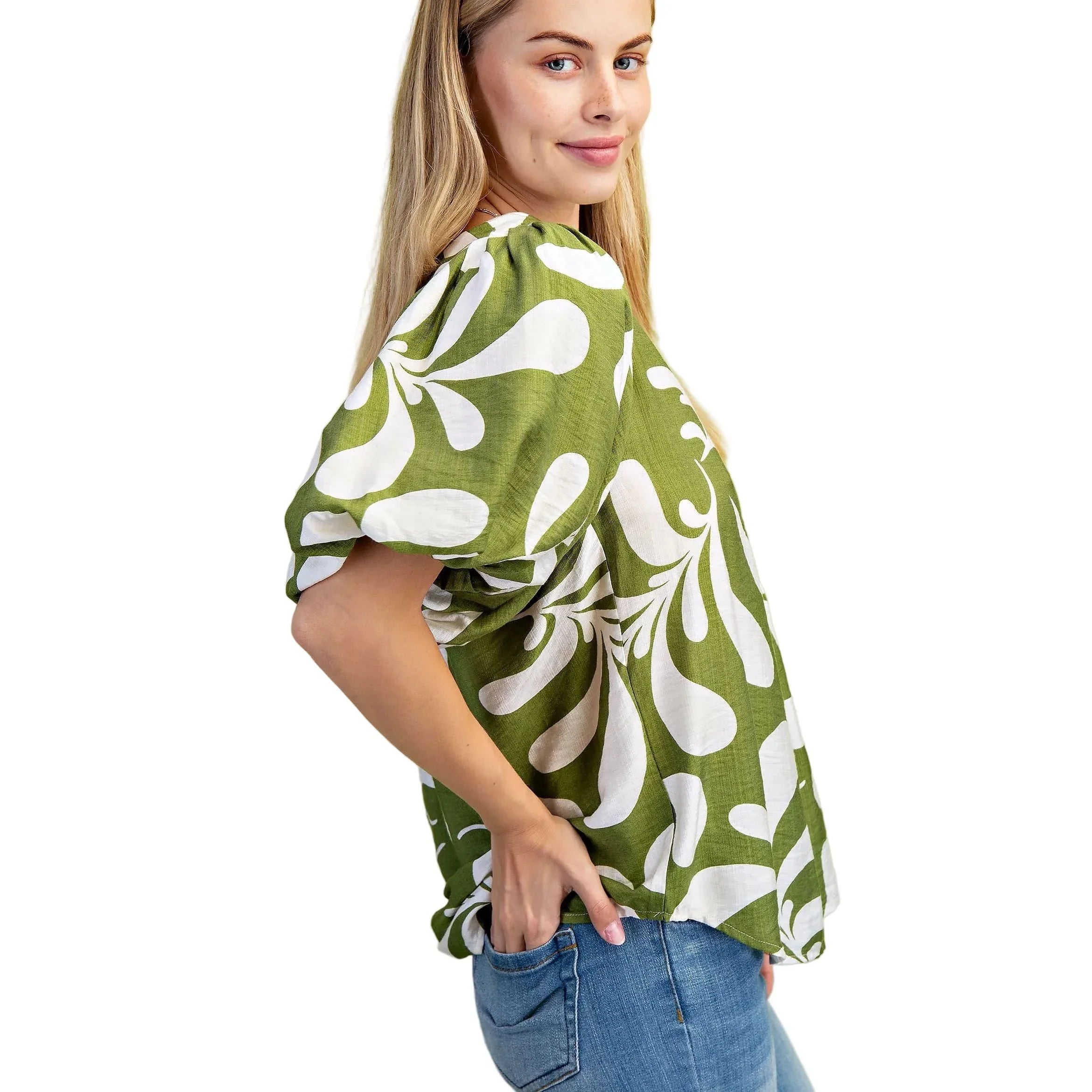 Women's Olive Printed Slit Neck Top TE1600