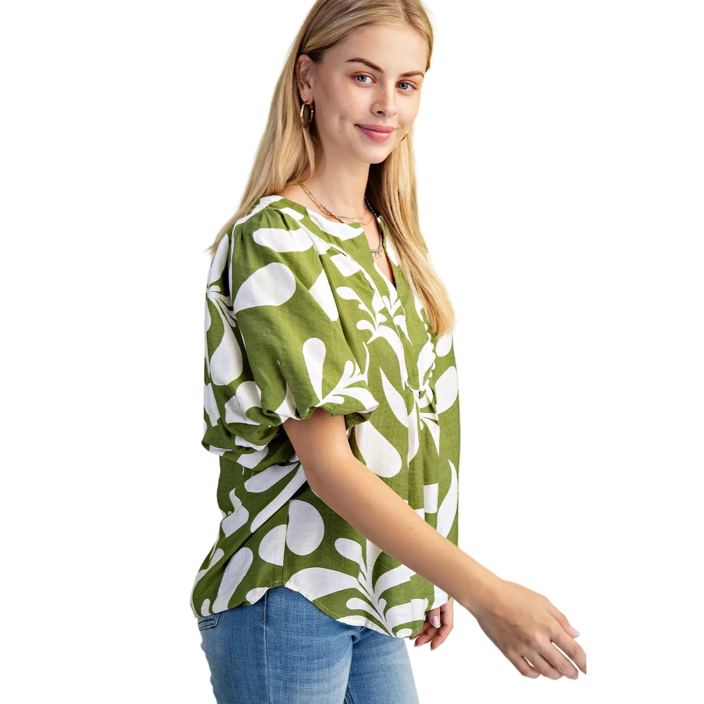 Women's Olive Printed Slit Neck Top TE1600