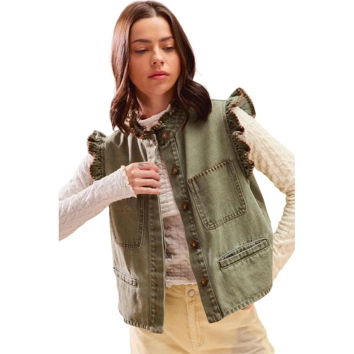 Women's Olive Washed Denim Stitch Ruffled Hidden Button Vest Top