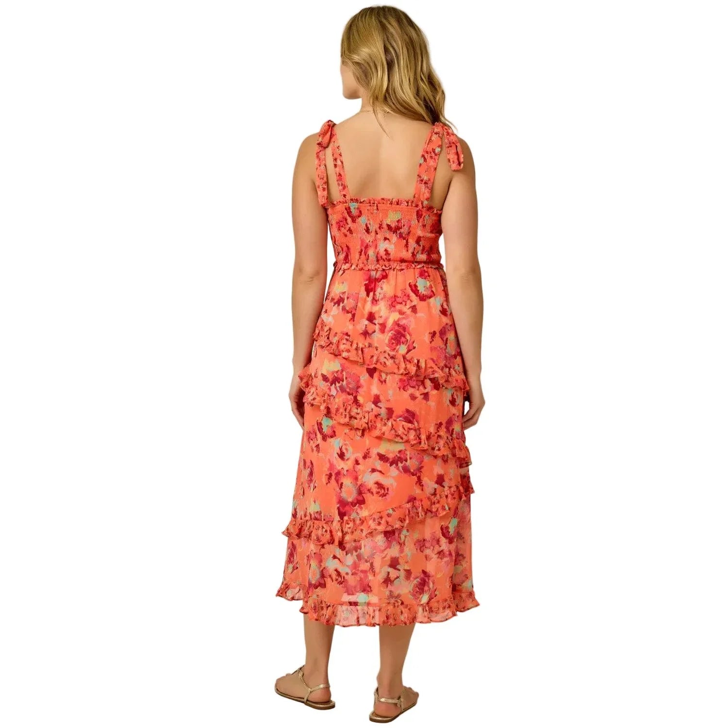 Women's Orange Shoulder Tie FLoral Chiffon Midi Dress 71021
