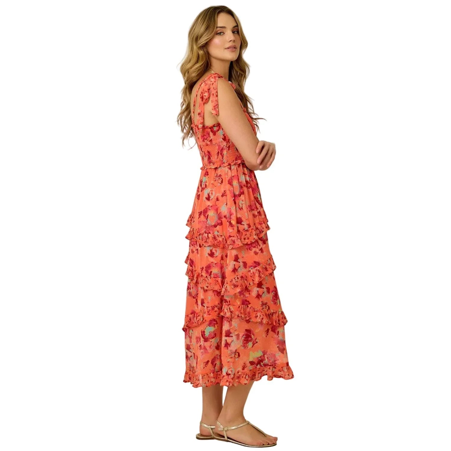 Women's Orange Shoulder Tie FLoral Chiffon Midi Dress 71021