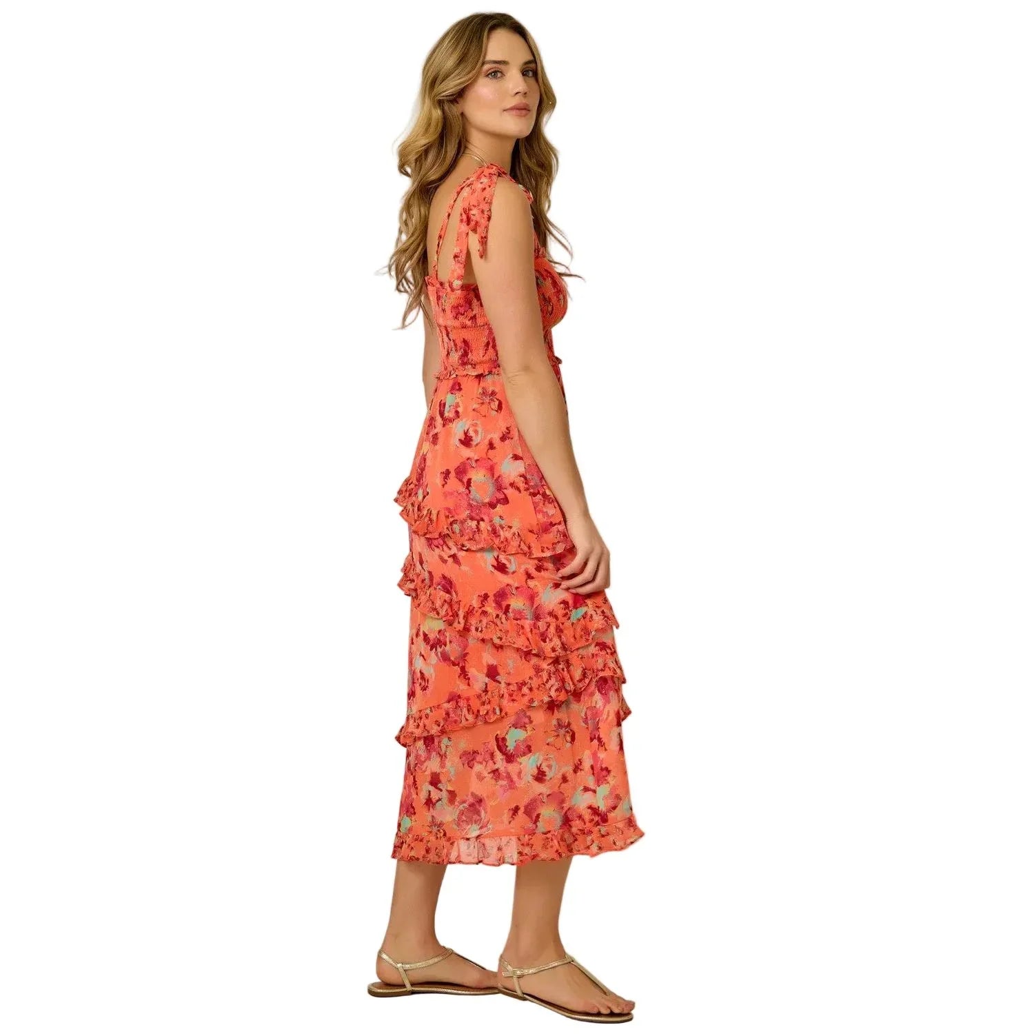 Women's Orange Shoulder Tie FLoral Chiffon Midi Dress 71021