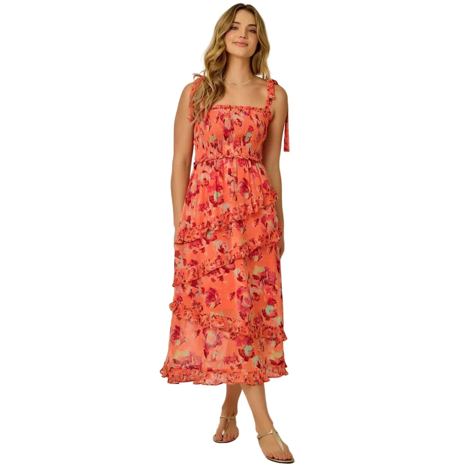 Women's Orange Shoulder Tie FLoral Chiffon Midi Dress 71021