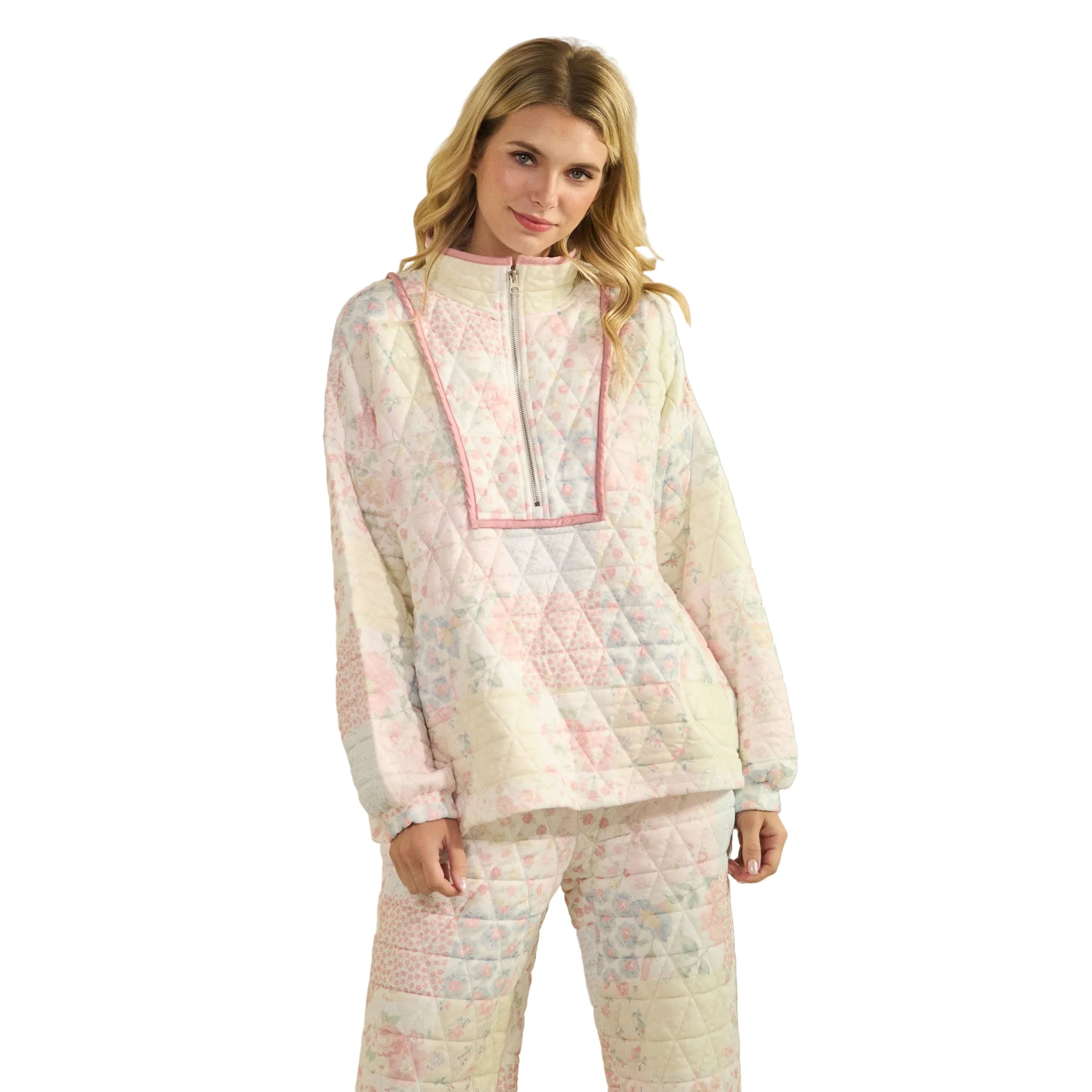 Women's Pastel Floral Textured Quarter Zip VT72523