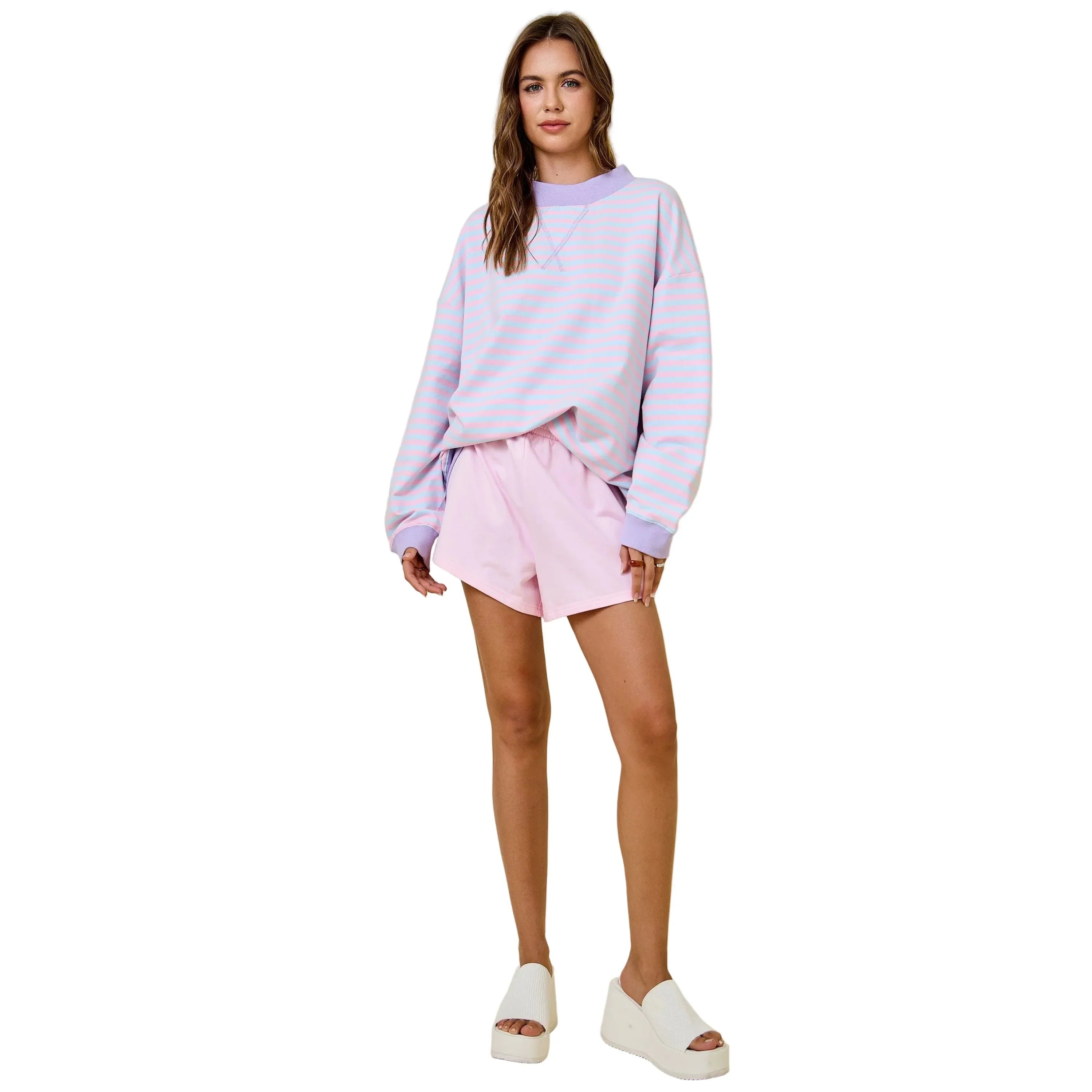Women's Pink and Blue Mock Neck Striped Terry Lounge Sweatshirt A4119