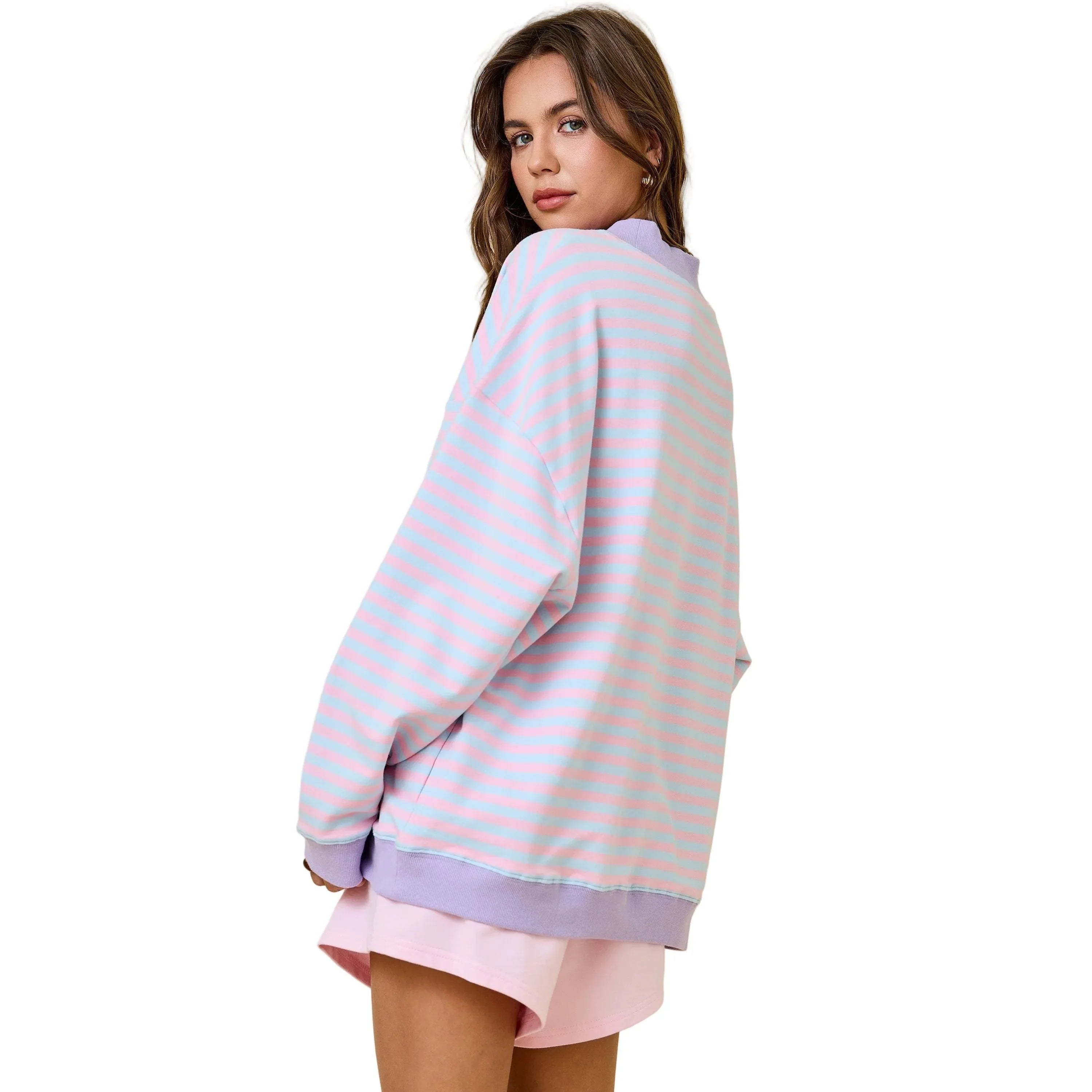 Women's Pink and Blue Mock Neck Striped Terry Lounge Sweatshirt A4119