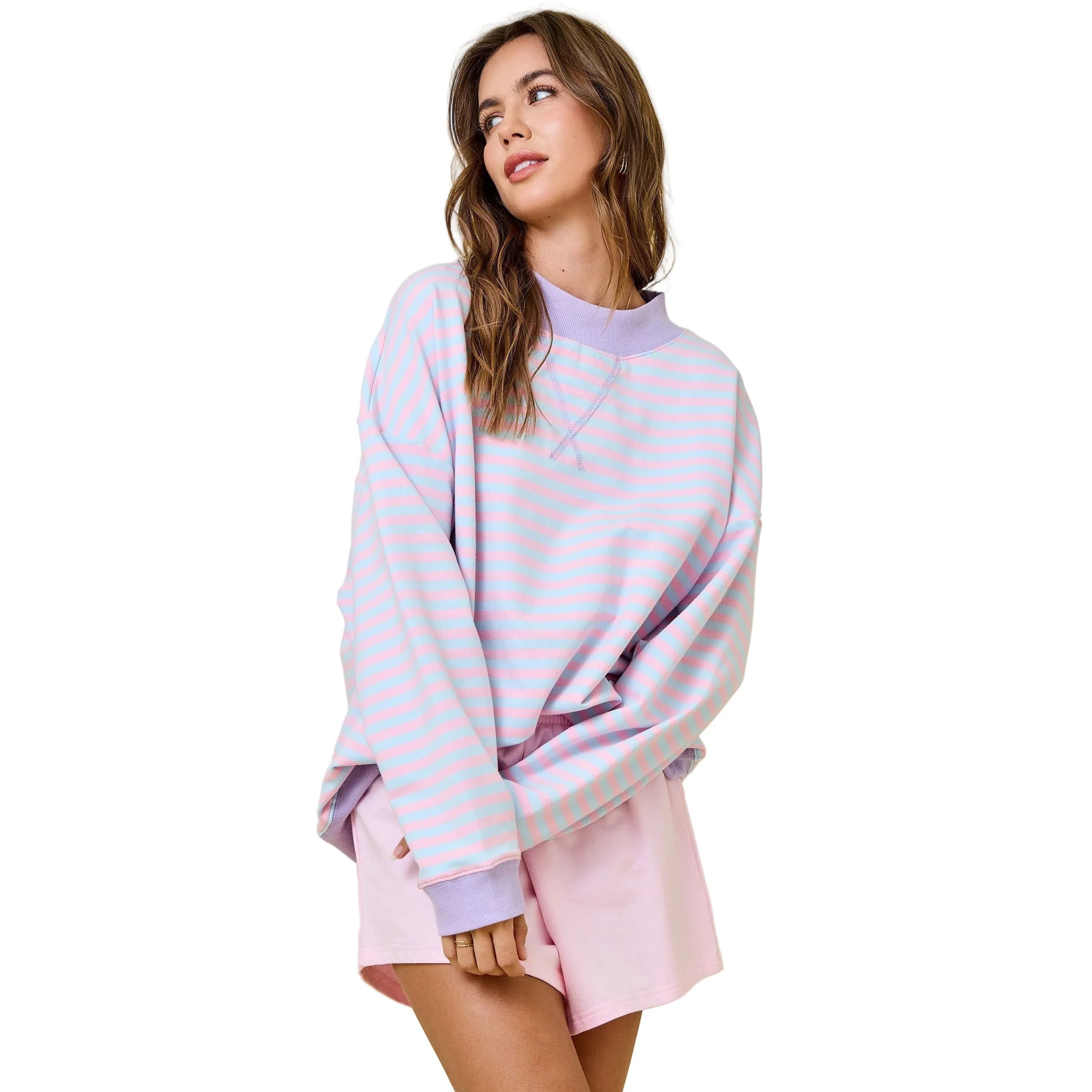 Women's Pink and Blue Mock Neck Striped Terry Lounge Sweatshirt A4119