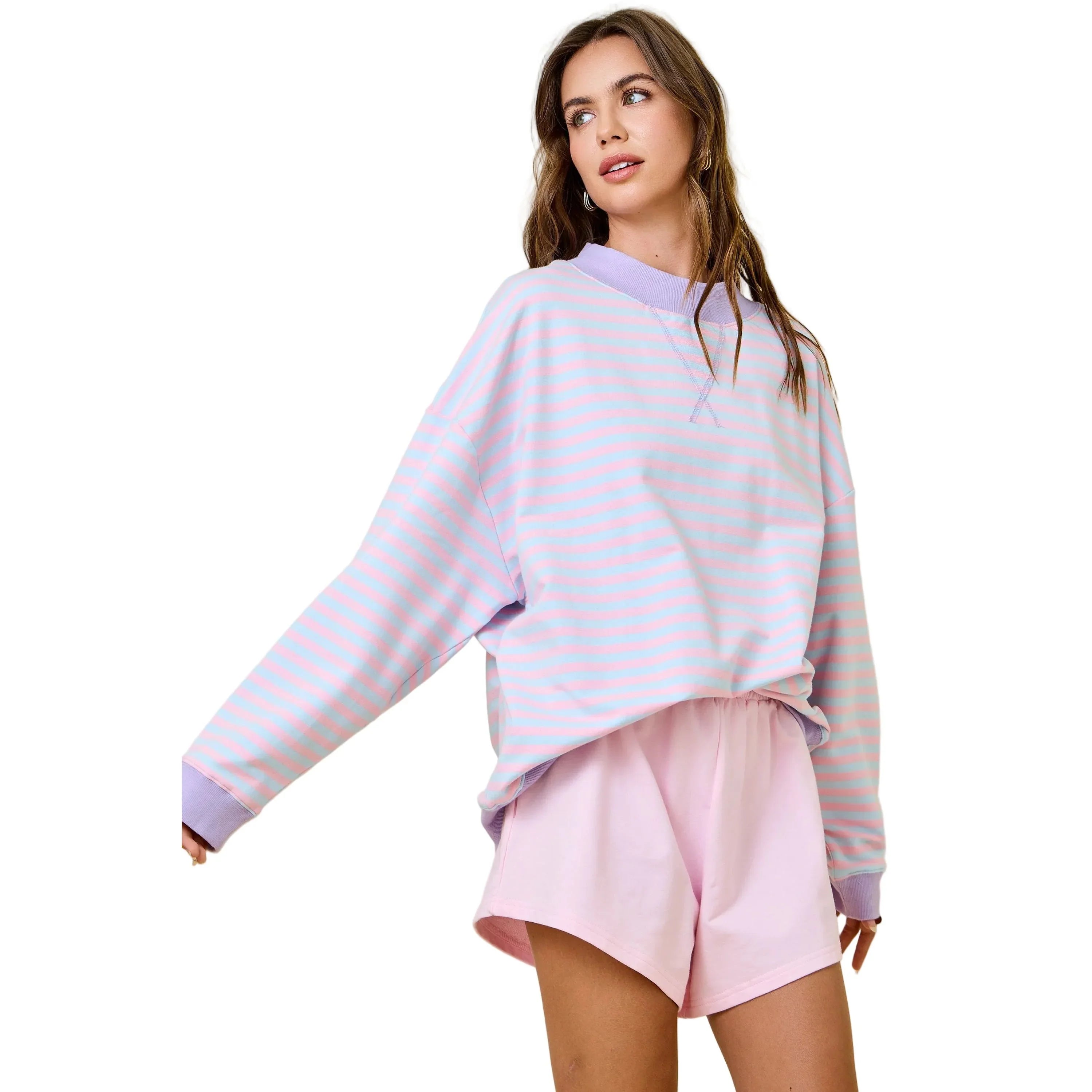 Women's Pink and Blue Mock Neck Striped Terry Lounge Sweatshirt A4119