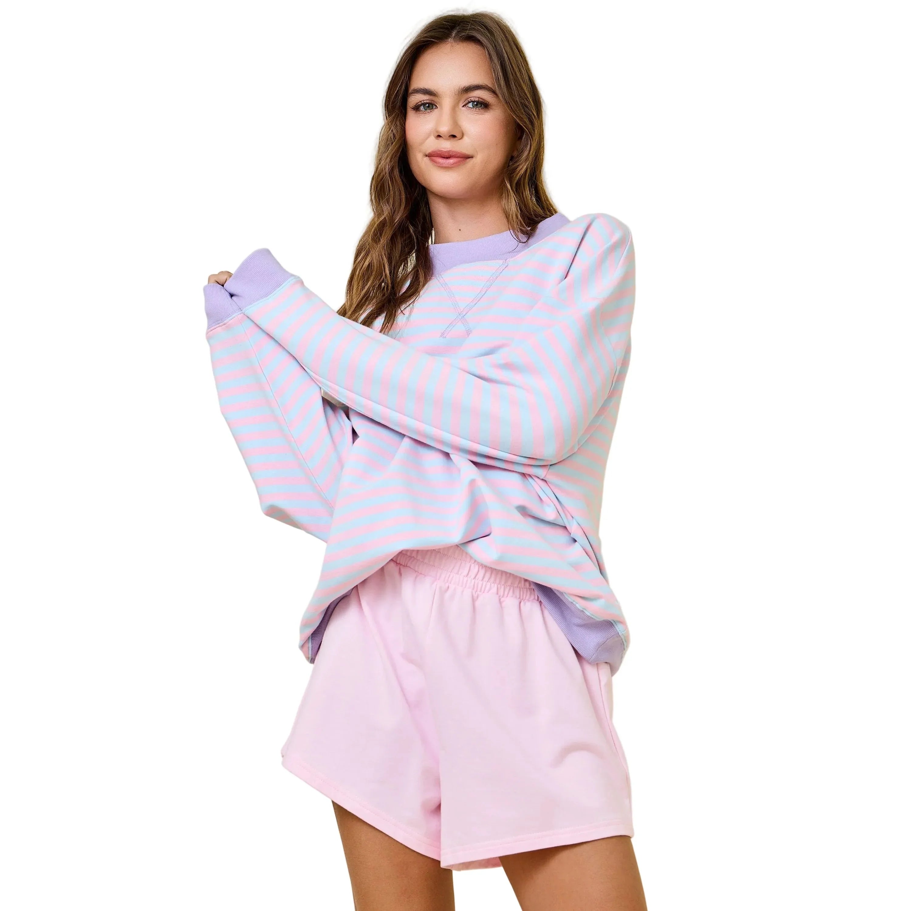 Women's Pink and Blue Mock Neck Striped Terry Lounge Sweatshirt A4119