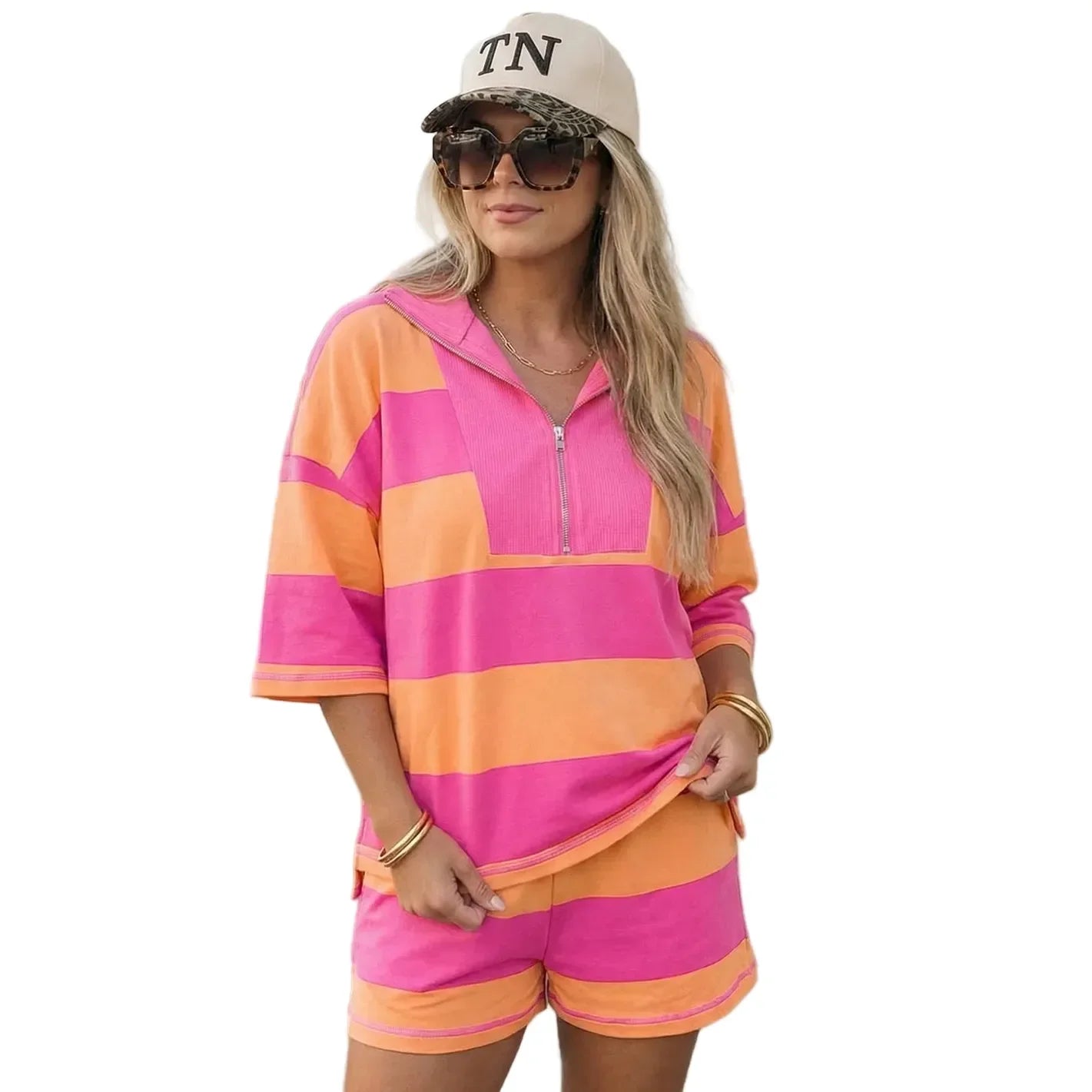 Women's Pink and Orange Striped Seam Detail Half Zip Oversized Set