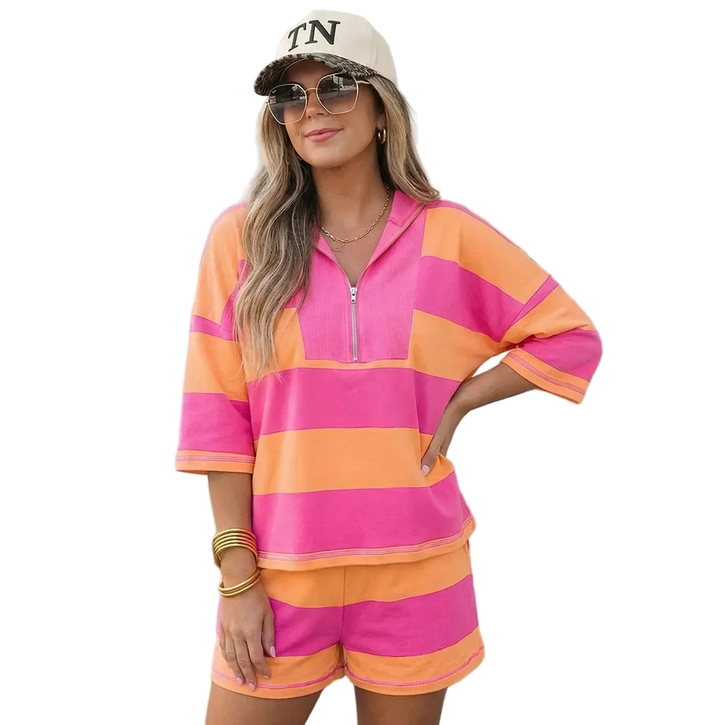Women's Pink and Orange Striped Seam Detail Half Zip Oversized Set