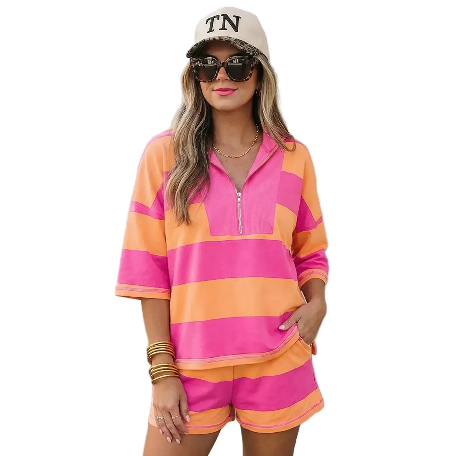 Women's Pink and Orange Striped Seam Detail Half Zip Oversized Set
