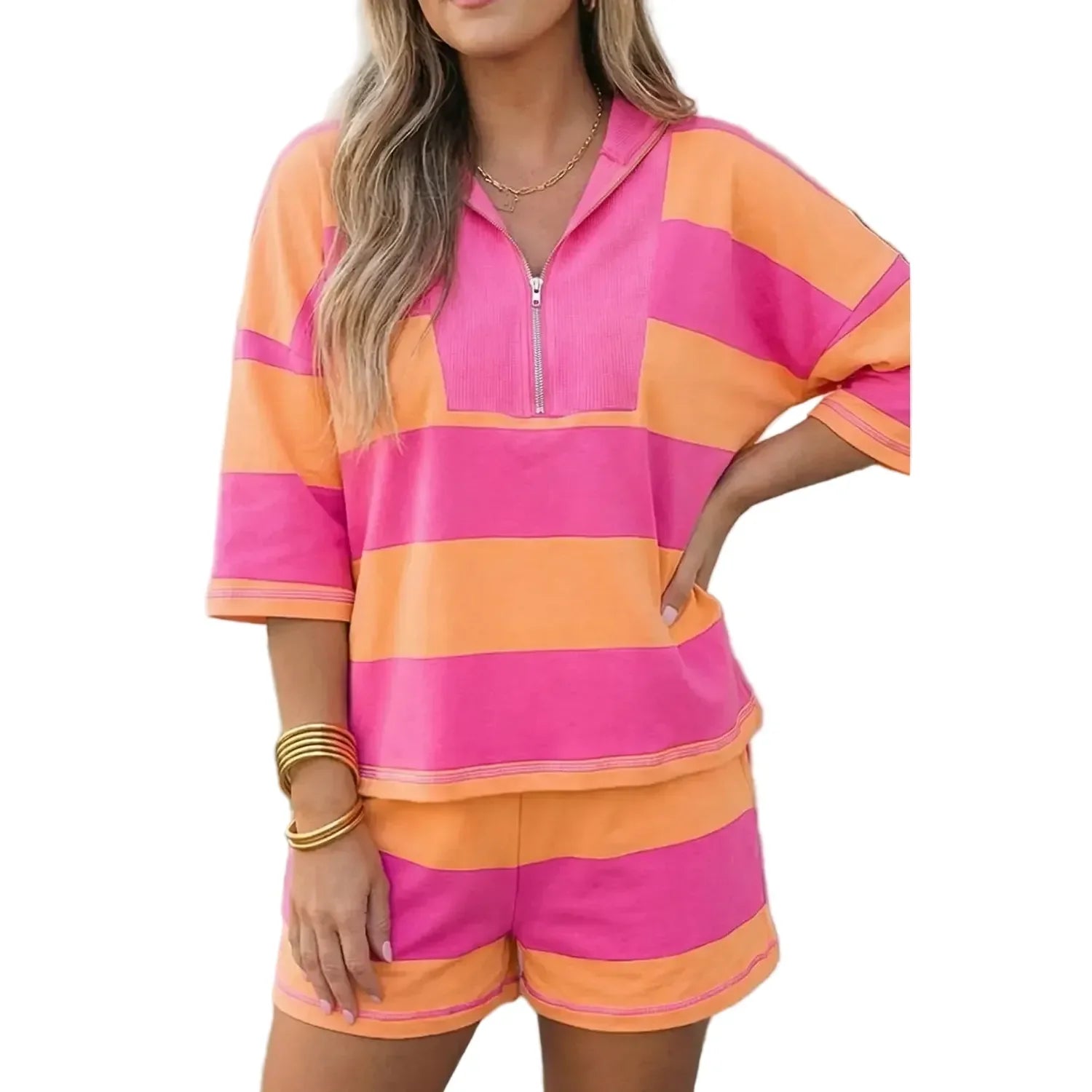 Women's Pink and Orange Striped Seam Detail Half Zip Oversized Set