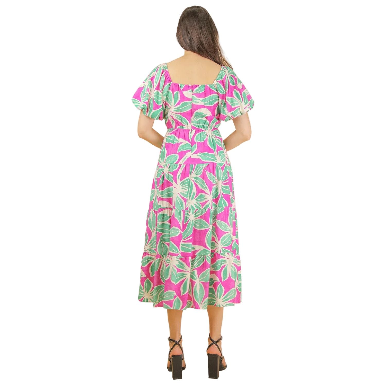 Women's Pink Floral Printed Puff Sleeve Resort Midi Dress ND32046