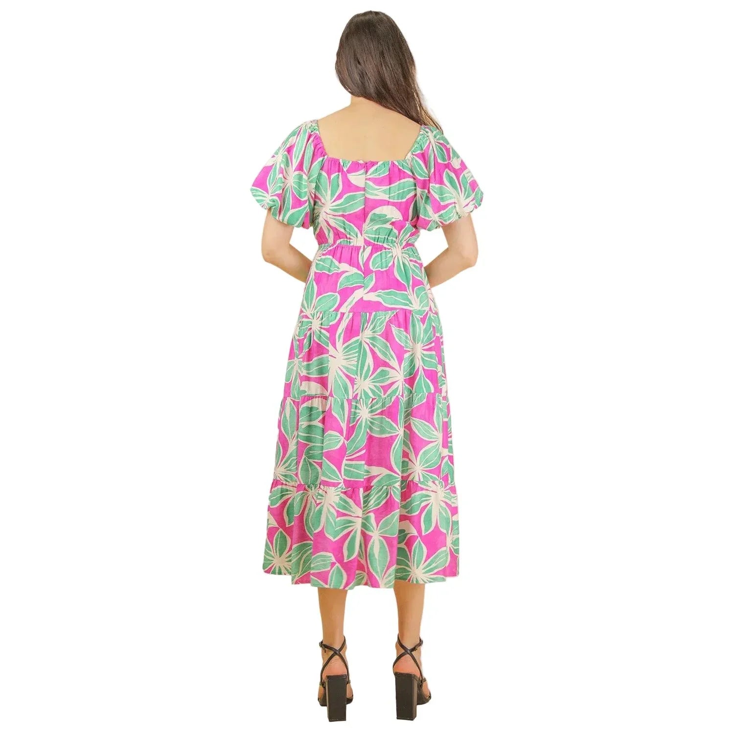 Women's Pink Floral Printed Puff Sleeve Resort Midi Dress ND32046