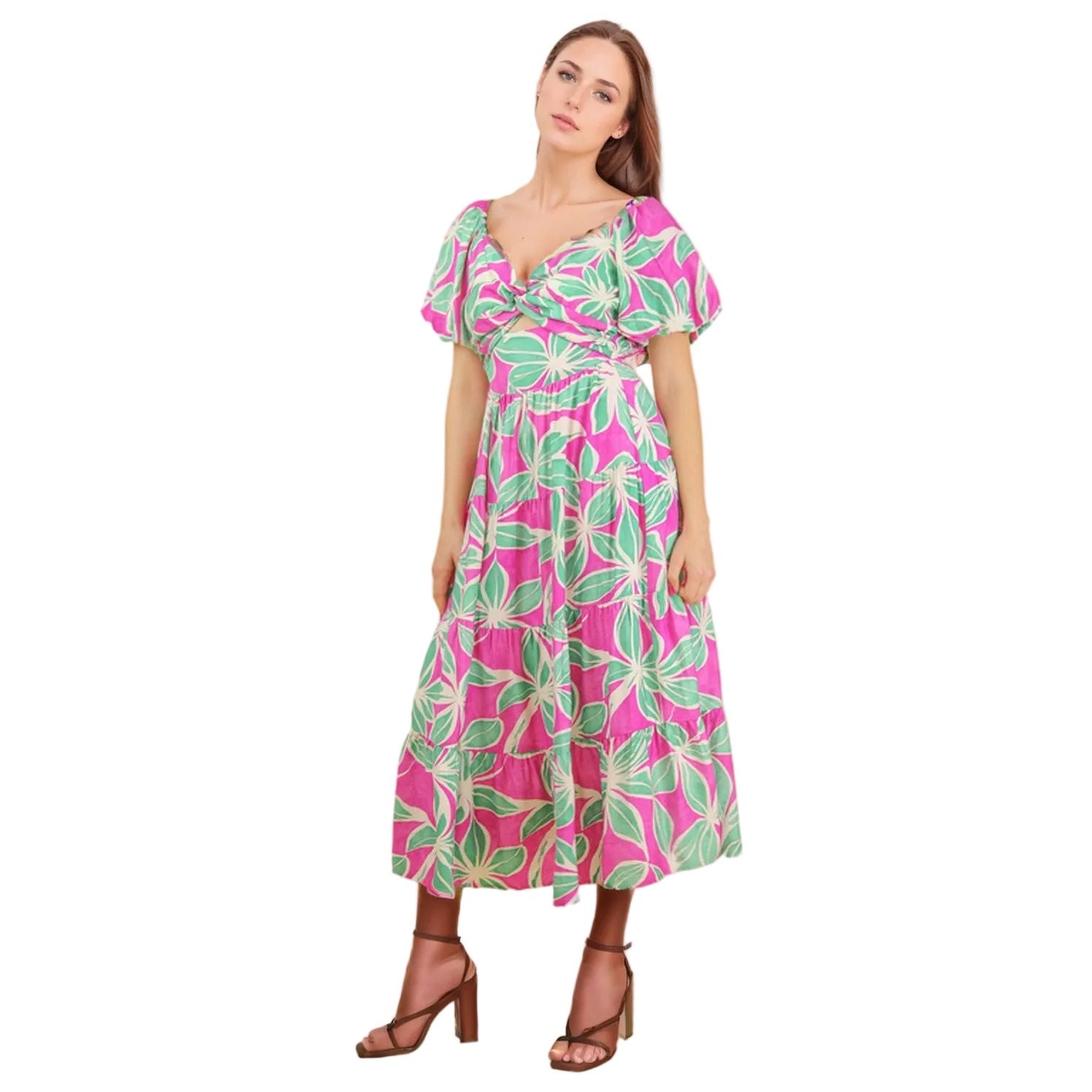 Women's Pink Floral Printed Puff Sleeve Resort Midi Dress ND32046
