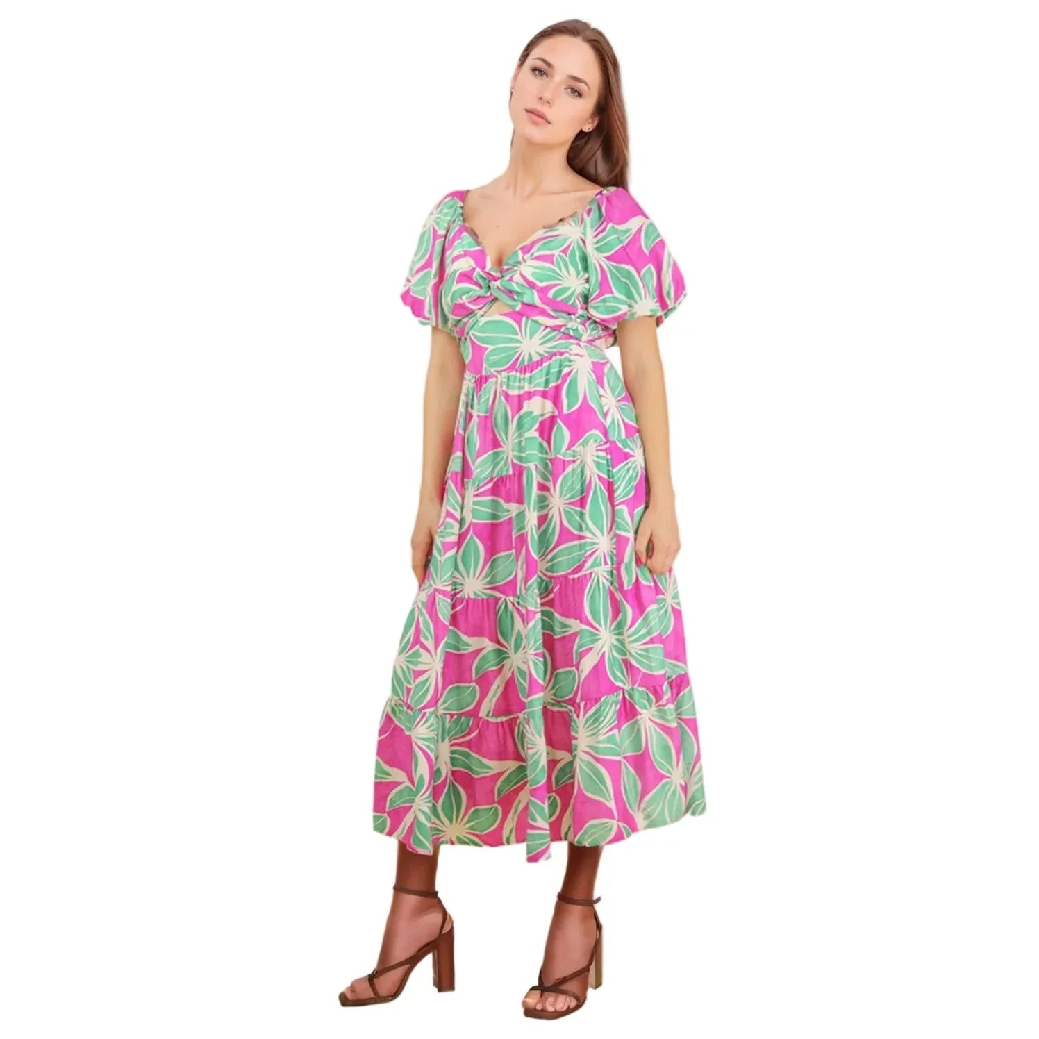 Women's Pink Floral Printed Puff Sleeve Resort Midi Dress ND32046