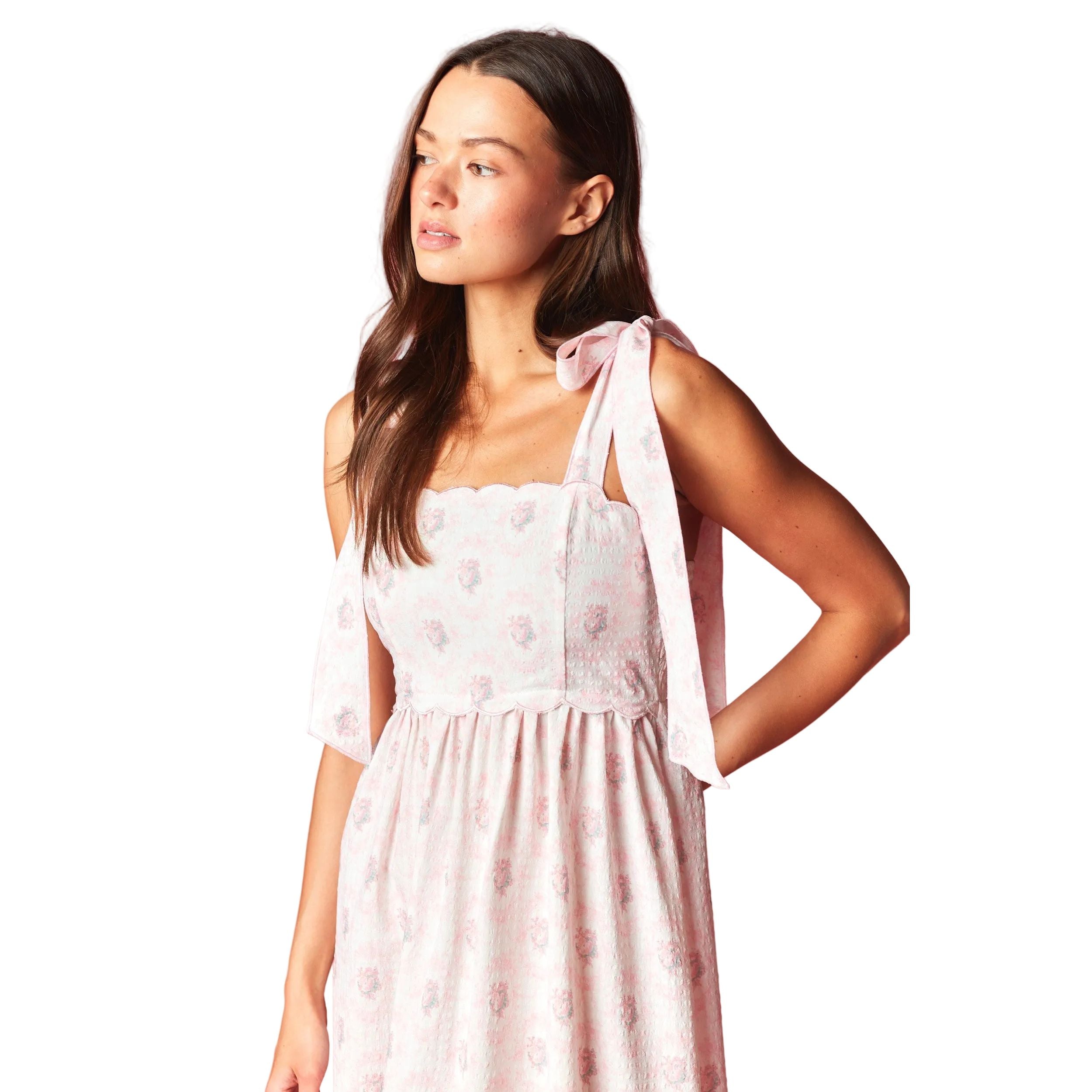 Women's Pink Floral Scalloped Tie-Shoulder Maxi Dress R30790D
