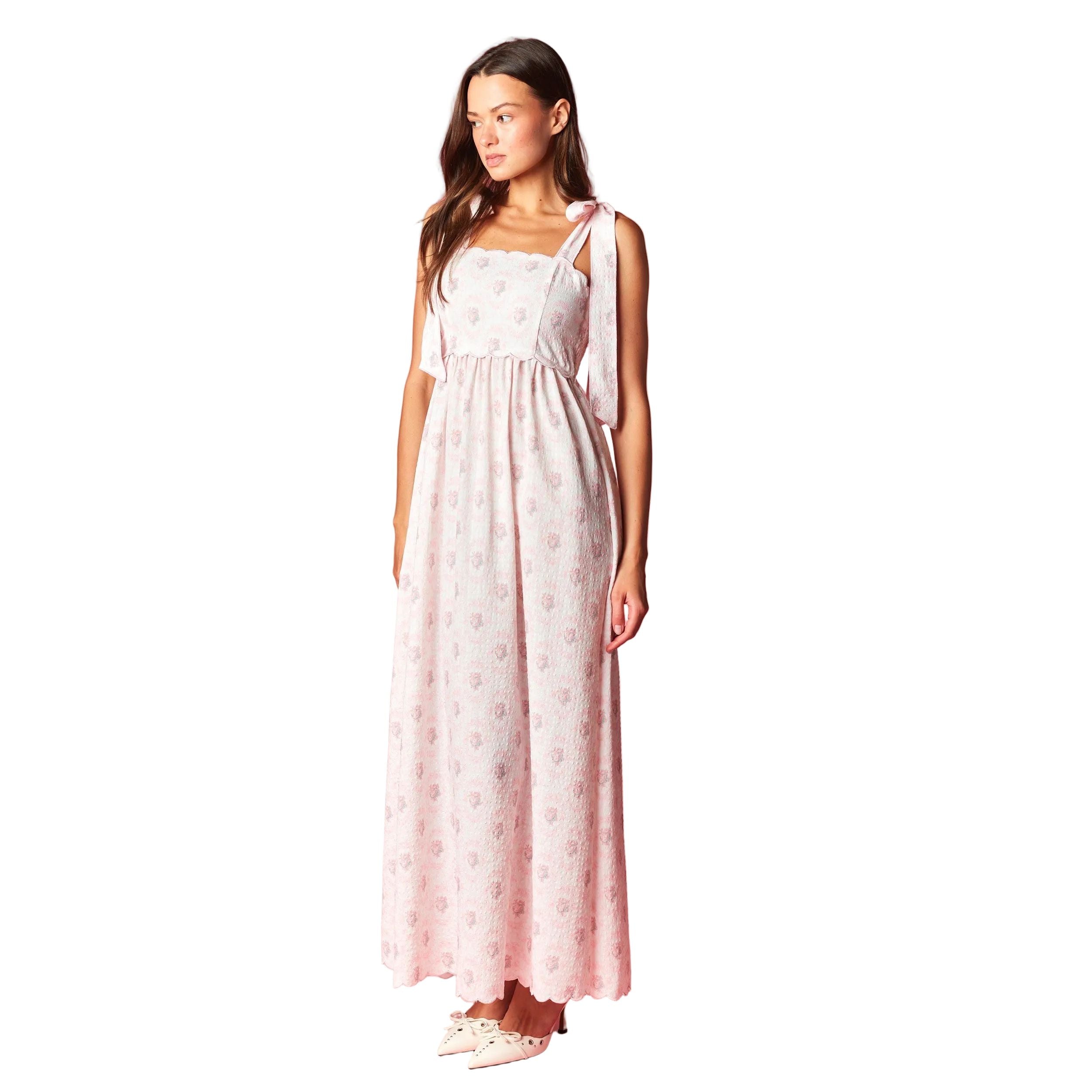 Women's Pink Floral Scalloped Tie-Shoulder Maxi Dress R30790D
