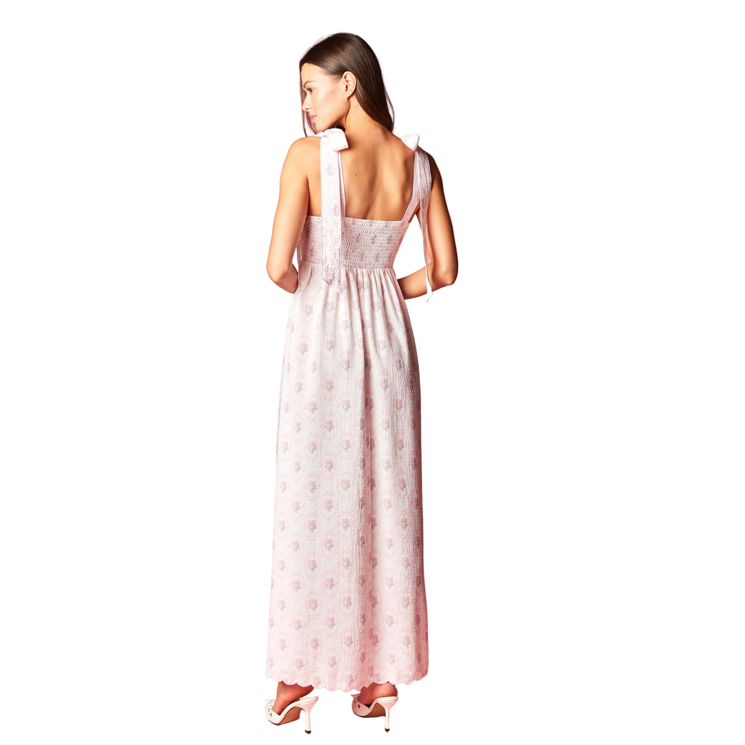 Women's Pink Floral Scalloped Tie-Shoulder Maxi Dress R30790D