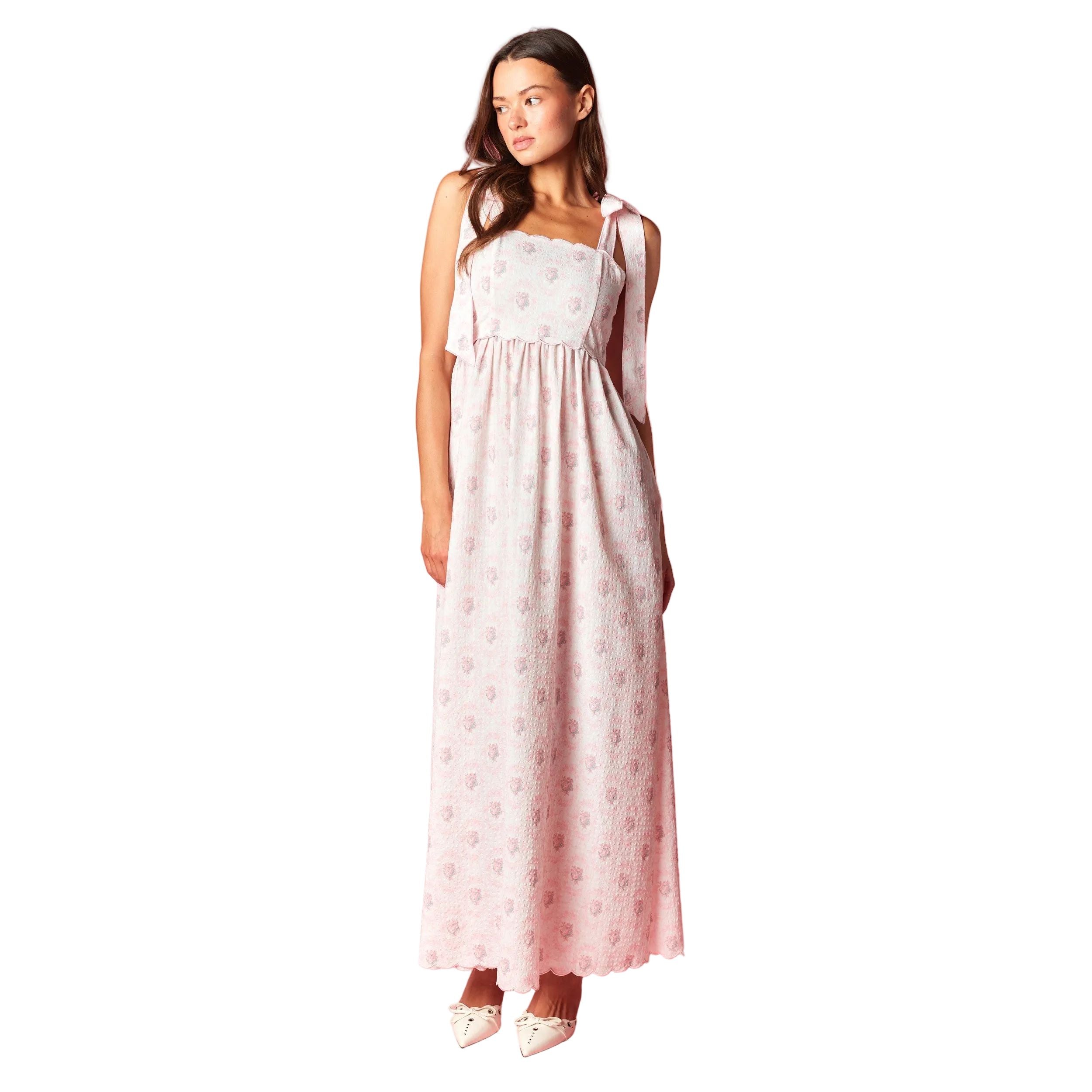 Women's Pink Floral Scalloped Tie-Shoulder Maxi Dress R30790D
