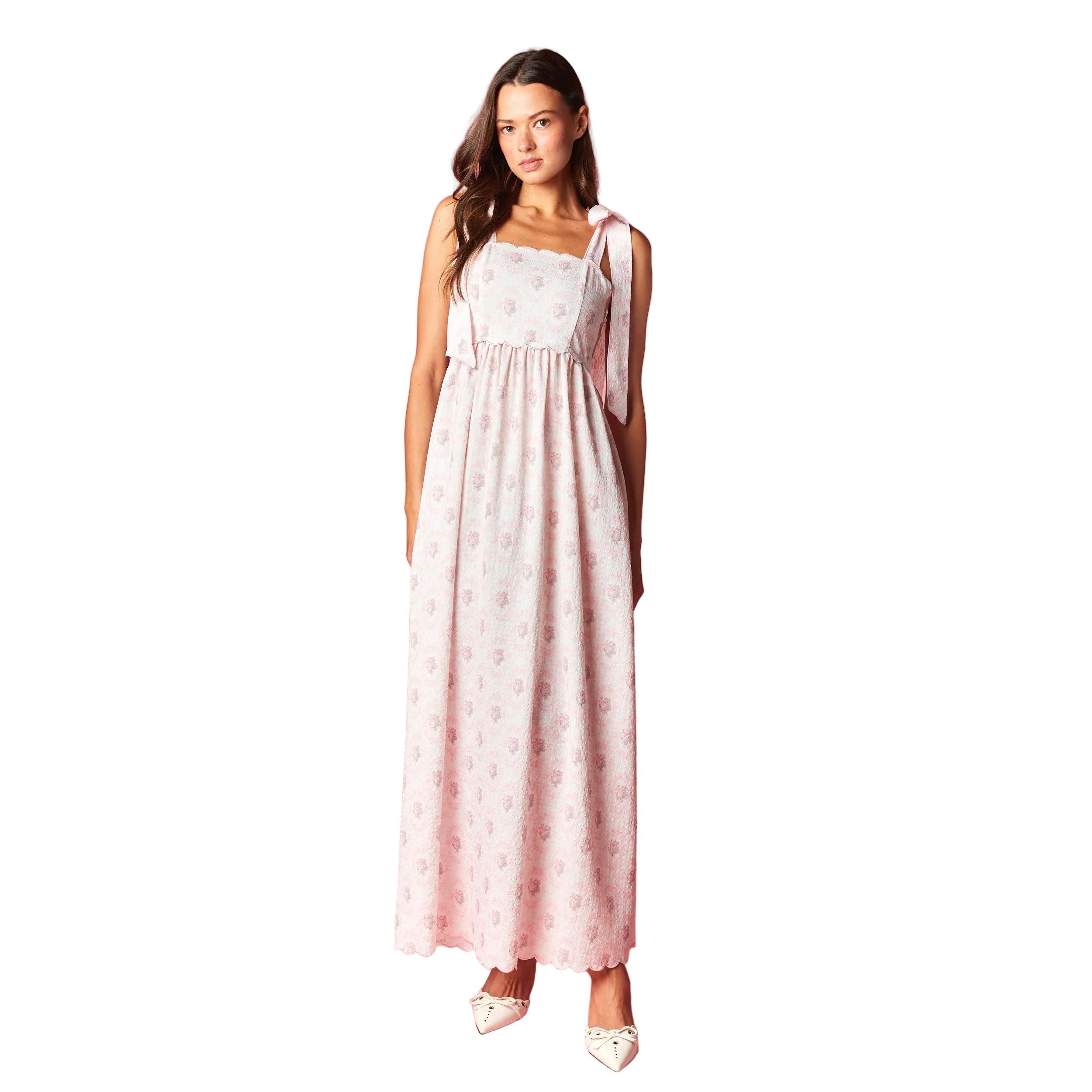 Women's Pink Floral Scalloped Tie-Shoulder Maxi Dress R30790D