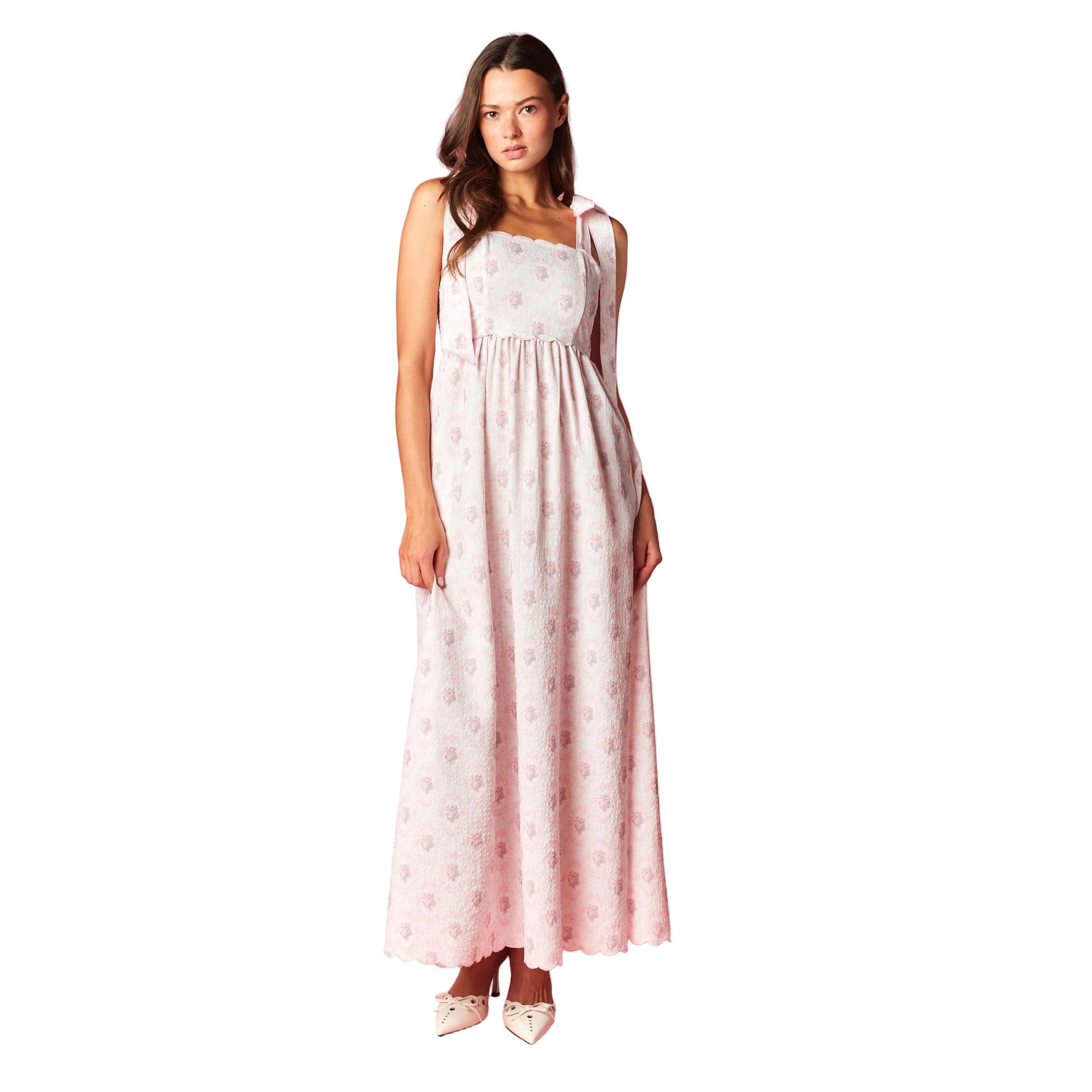Women's Pink Floral Scalloped Tie-Shoulder Maxi Dress R30790D