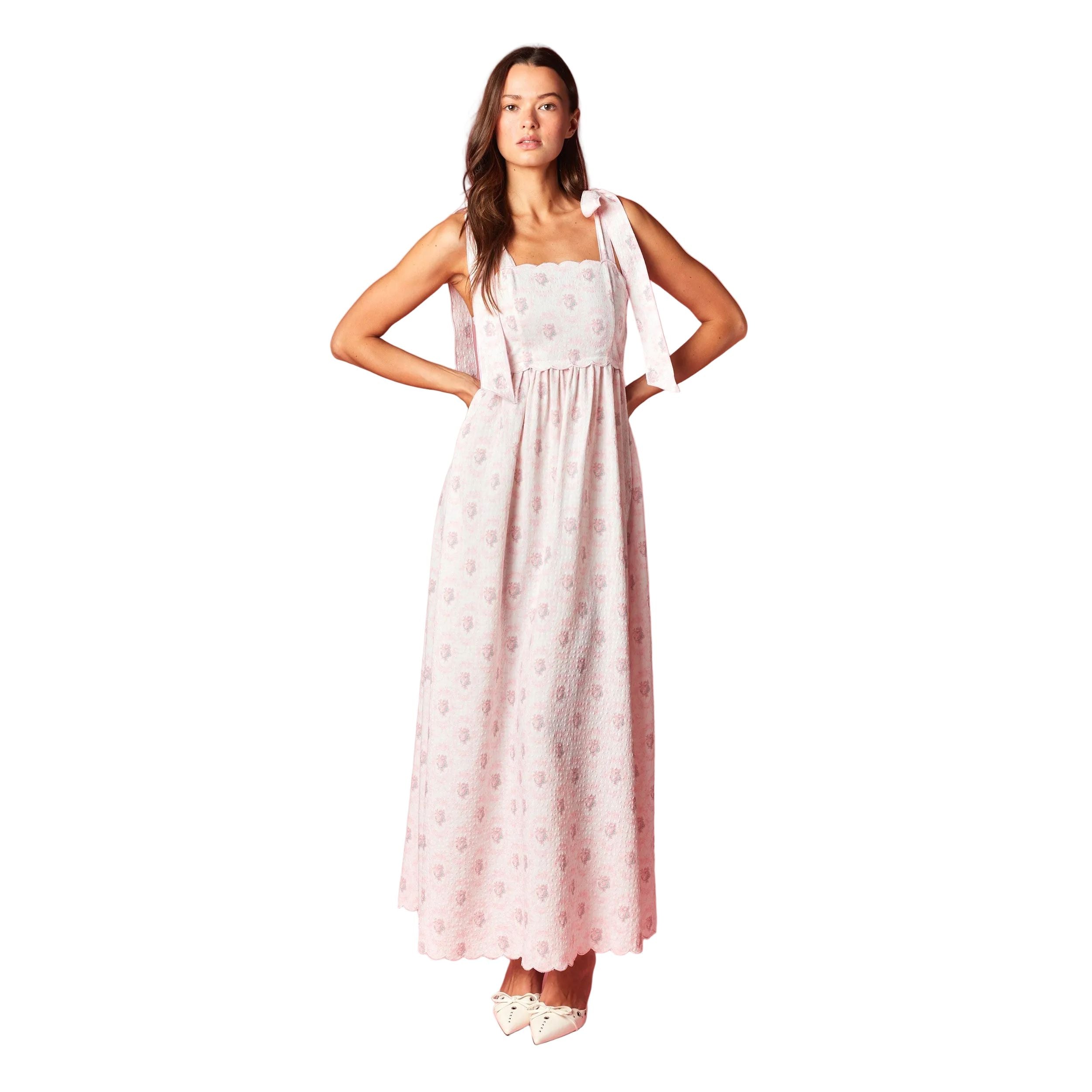 Women's Pink Floral Scalloped Tie-Shoulder Maxi Dress R30790D