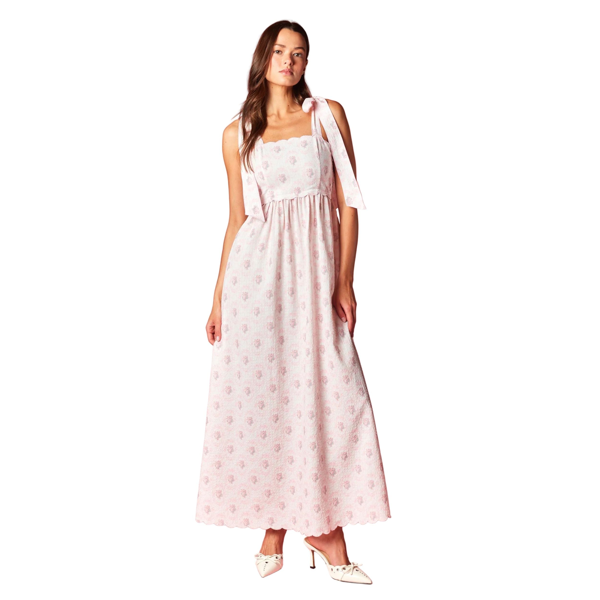 Women's Pink Floral Scalloped Tie-Shoulder Maxi Dress R30790D