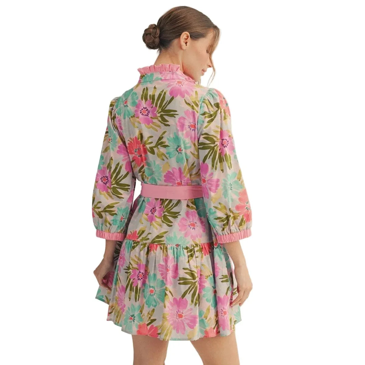 Women's Pink Mix Waist Tie Floral Tiered Dress M50180