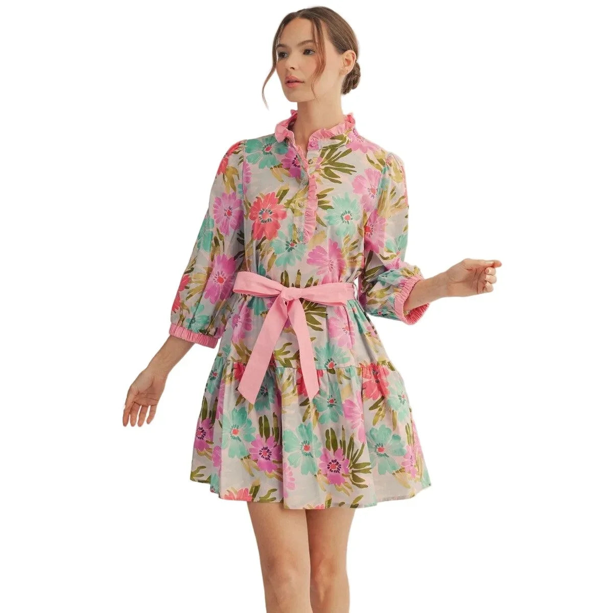 Women's Pink Mix Waist Tie Floral Tiered Dress M50180