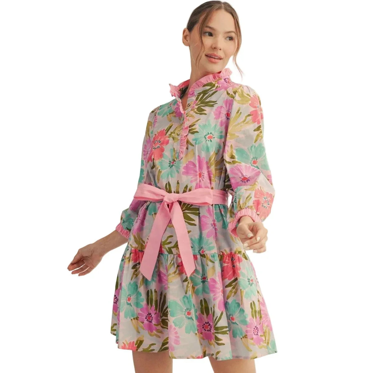Women's Pink Mix Waist Tie Floral Tiered Dress M50180