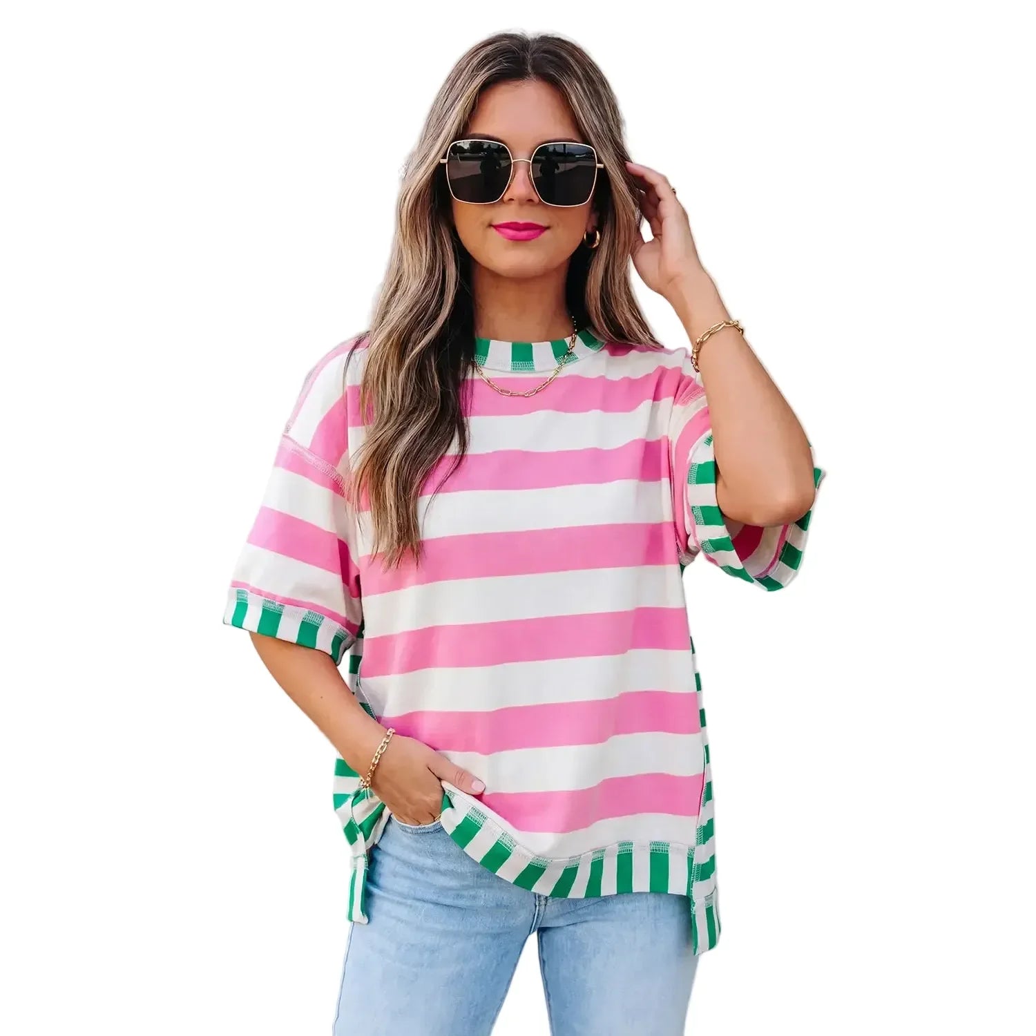 Women's Pink Short Sleeve Stripe Contrast Trim Top