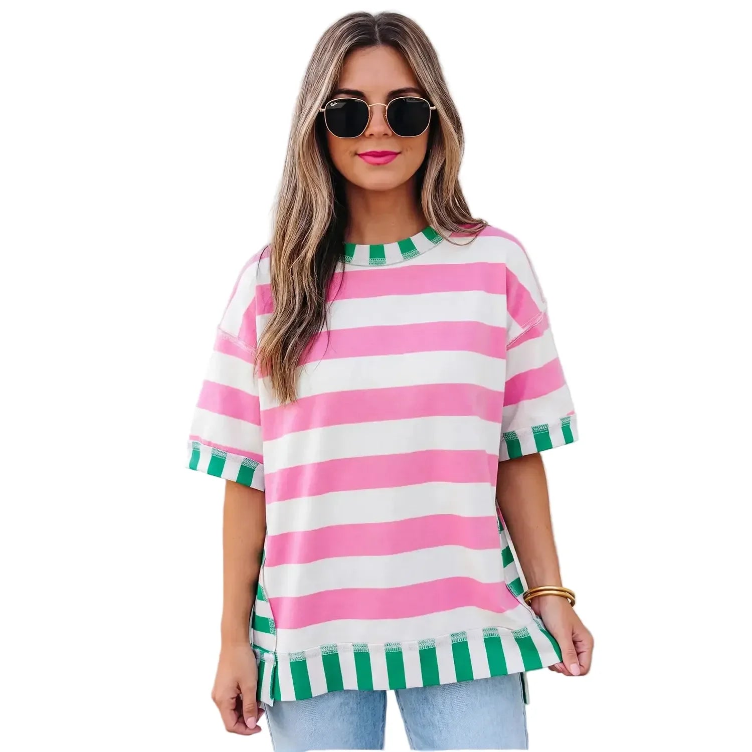 Women's Pink Short Sleeve Stripe Contrast Trim Top