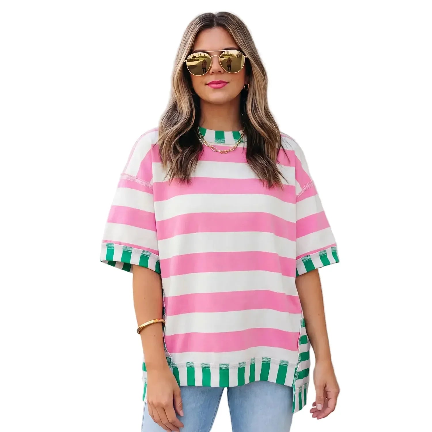 Women's Pink Short Sleeve Stripe Contrast Trim Top