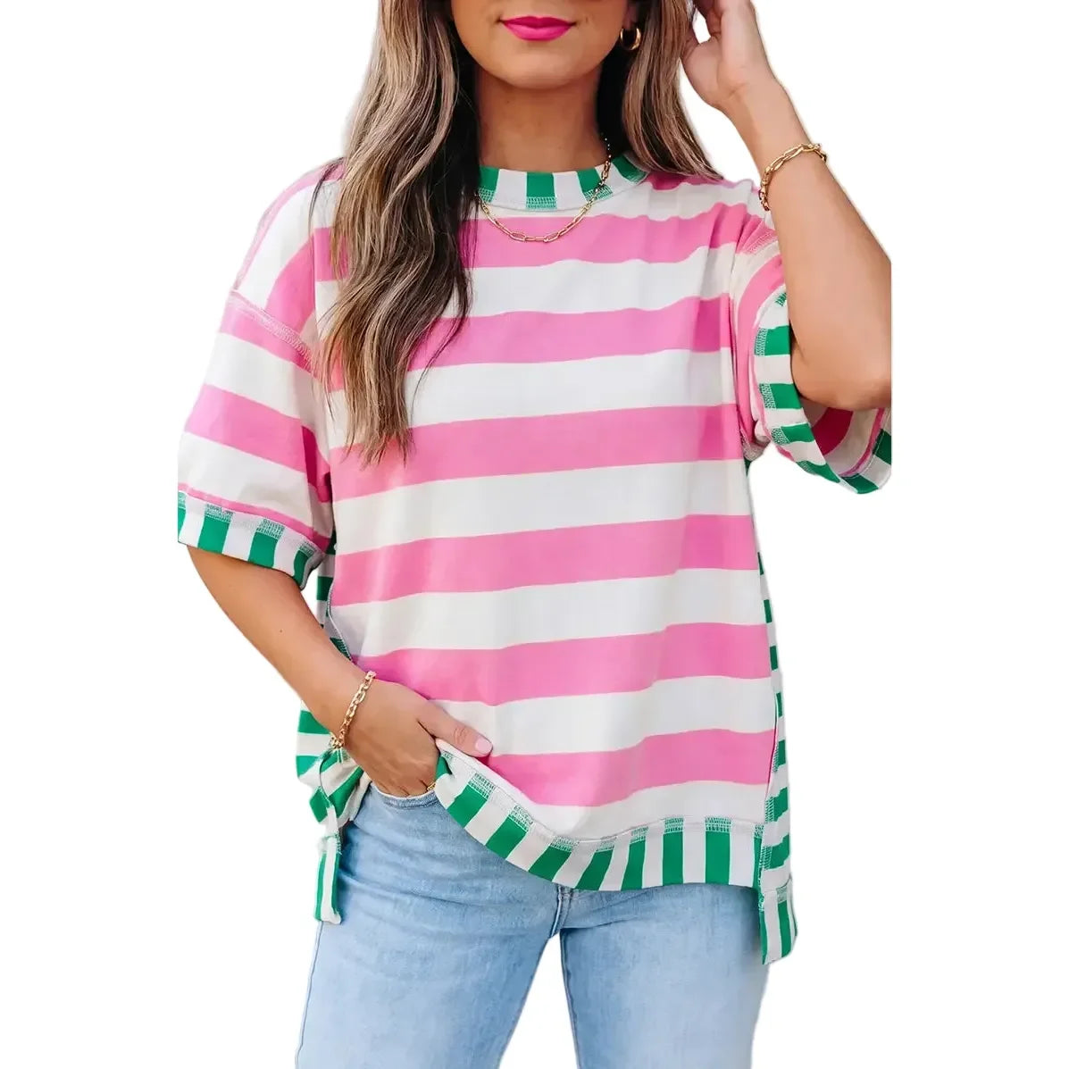 Women's Pink Short Sleeve Stripe Contrast Trim Top