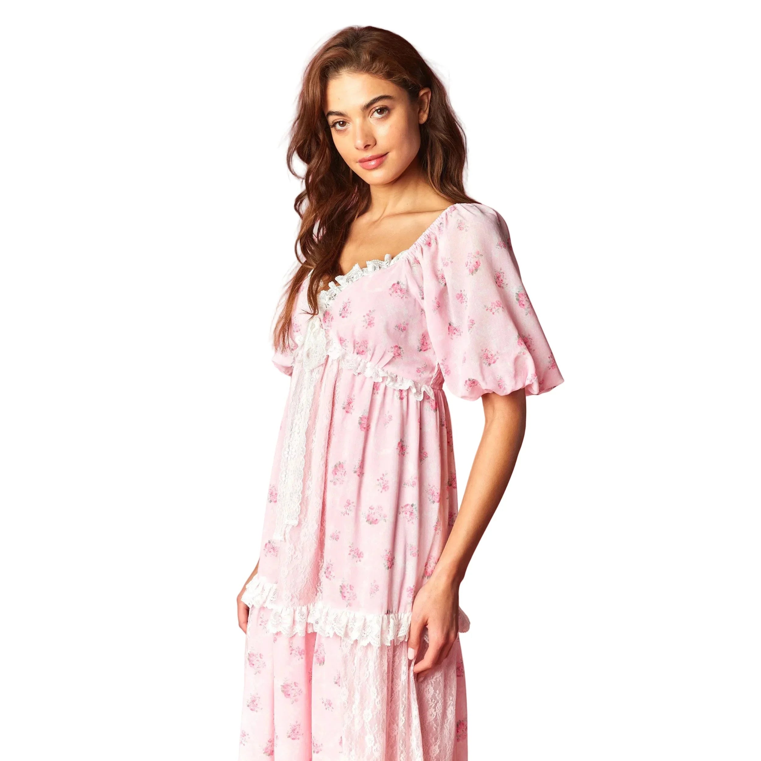 Women's Pink Vintage Rose Lace Panel Maxi Dress R30800D-01
