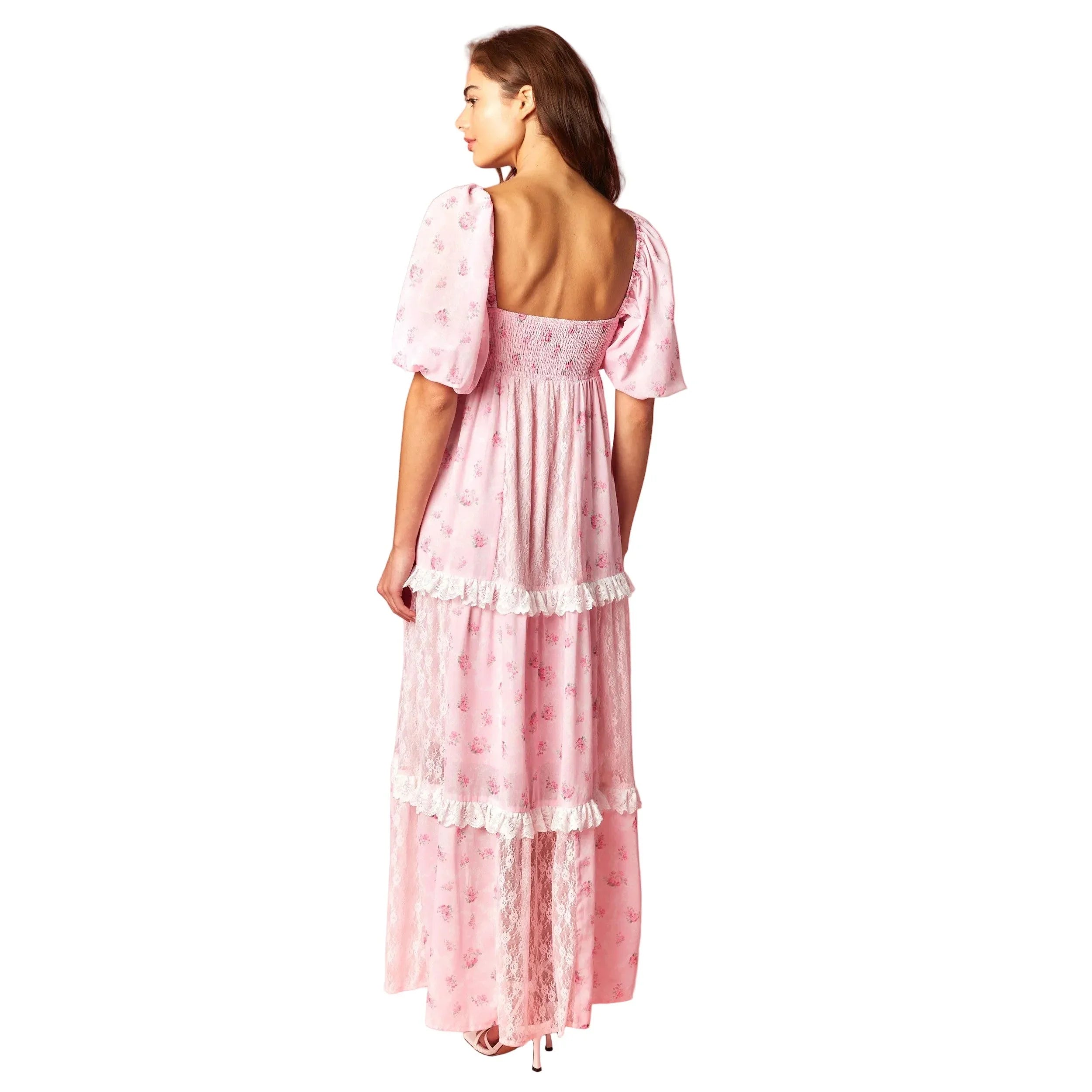 Women's Pink Vintage Rose Lace Panel Maxi Dress R30800D-01