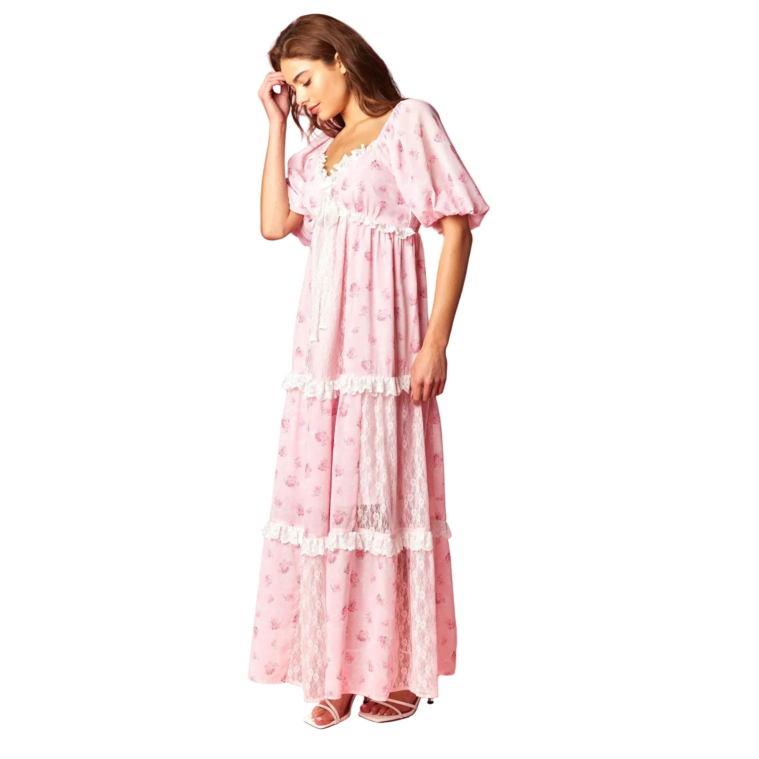Women's Pink Vintage Rose Lace Panel Maxi Dress R30800D-01