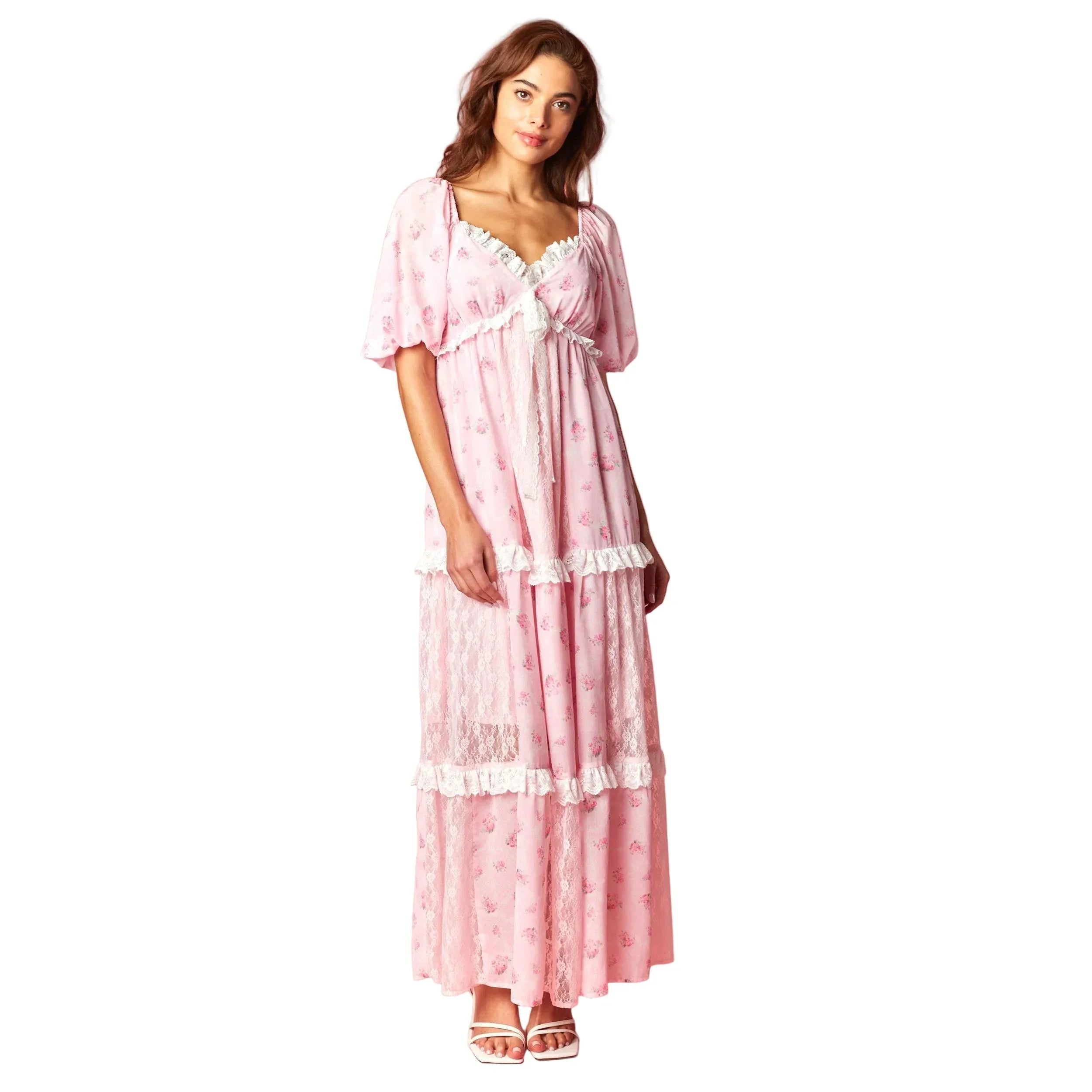 Women's Pink Vintage Rose Lace Panel Maxi Dress R30800D-01