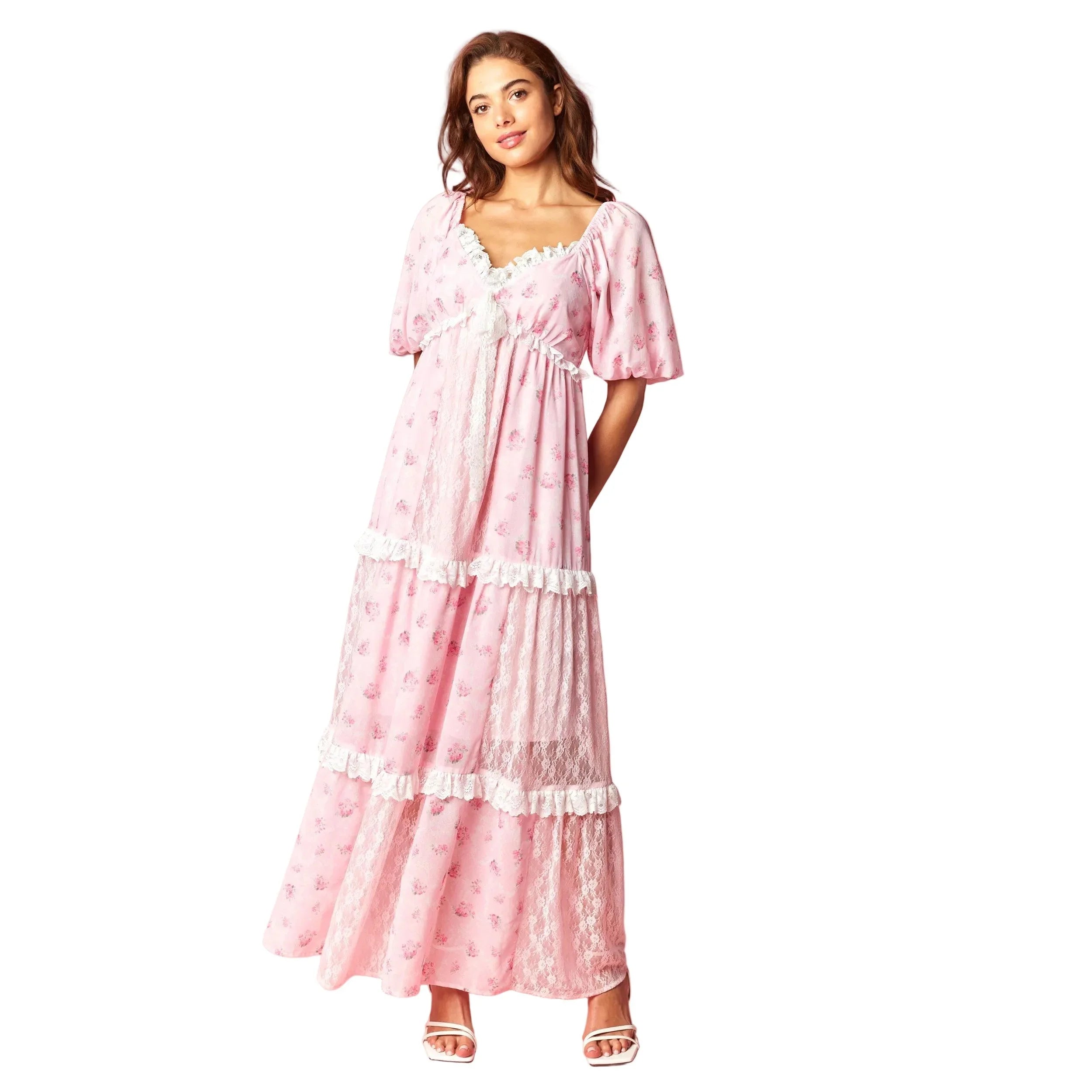Women's Pink Vintage Rose Lace Panel Maxi Dress R30800D-01