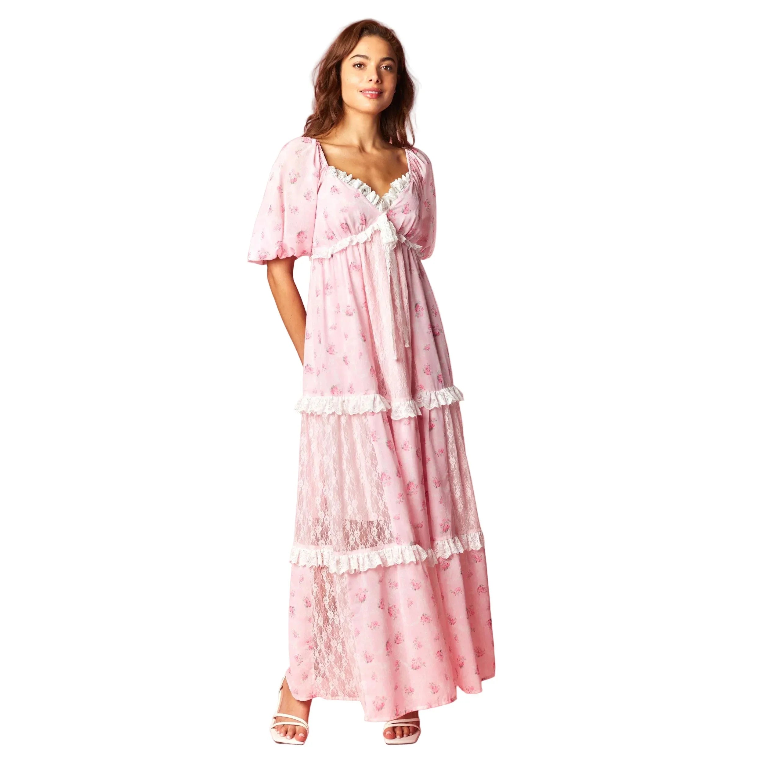 Women's Pink Vintage Rose Lace Panel Maxi Dress R30800D-01