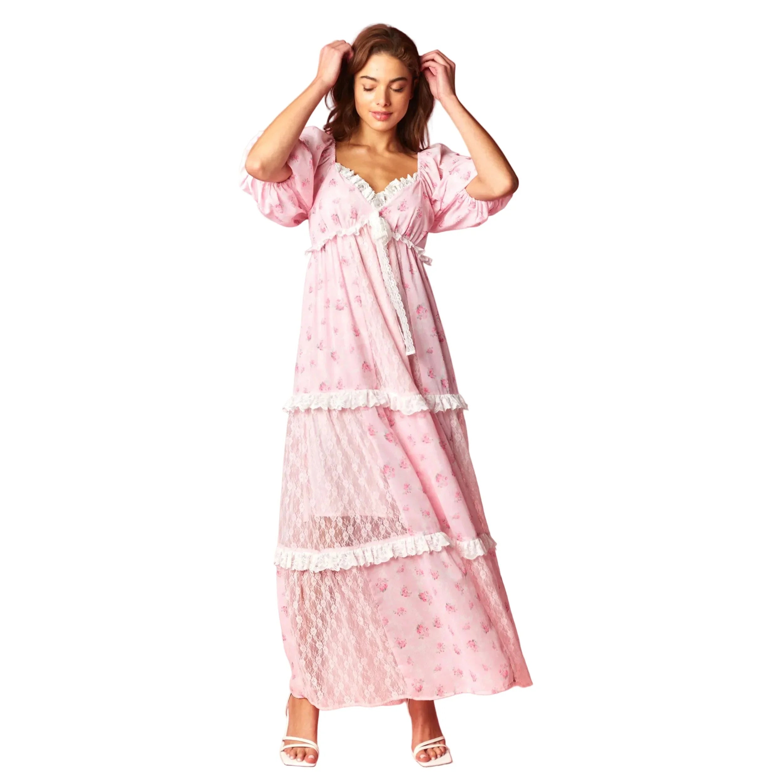 Women's Pink Vintage Rose Lace Panel Maxi Dress R30800D-01