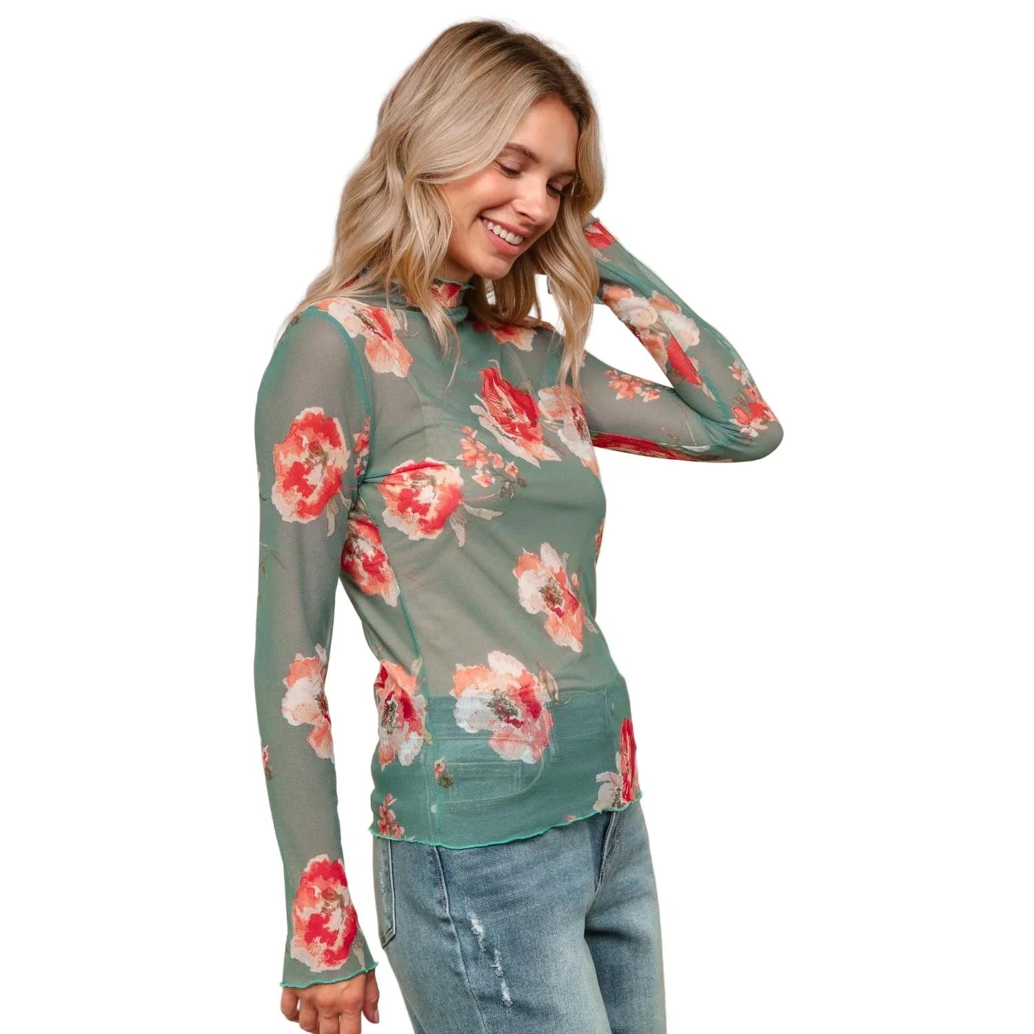 Women's Plus High Neck Semi Sheer Top HT7090CX
