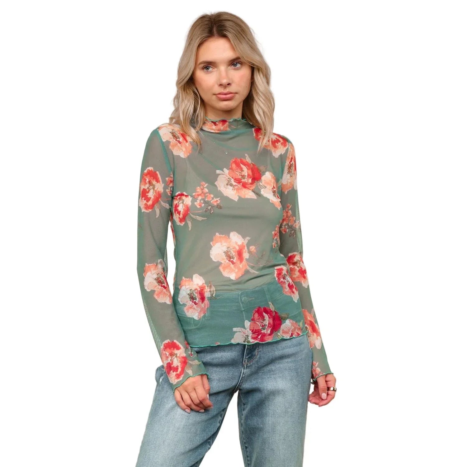 Women's Plus High Neck Semi Sheer Top HT7090CX